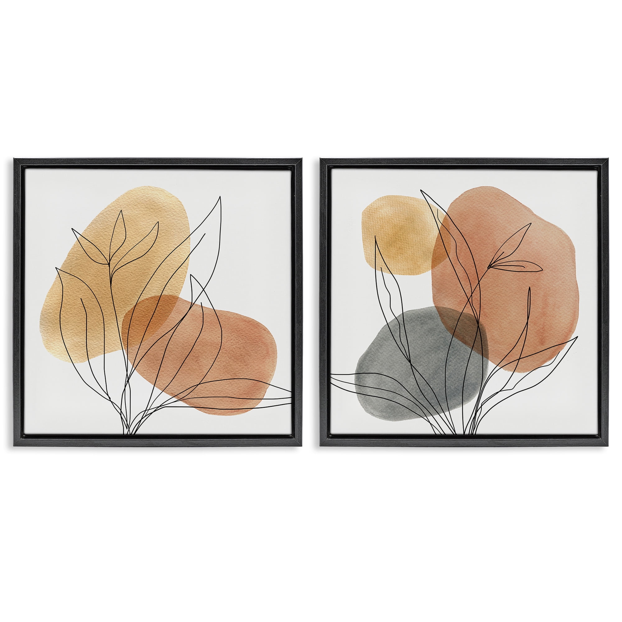 Stupell Industries Simple Neutral Southwestern Botanicals Abstract Painting Black Floater Framed Canvas Art Print Wall Art, 18 x 18, Set of 2