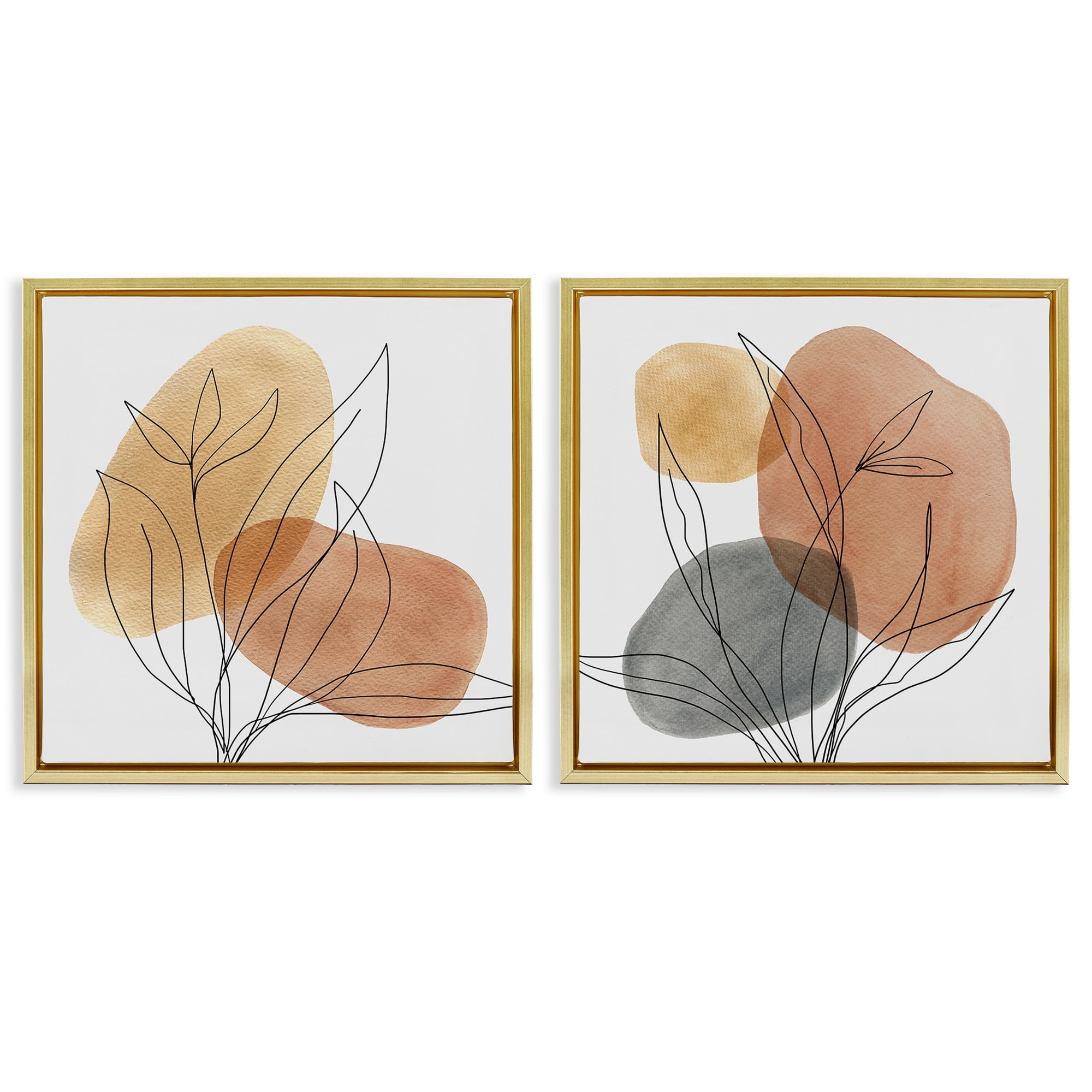 Stupell Industries Simple Neutral Southwestern Botanicals Abstract Painting Gold Floater Framed Canvas Art Print Wall Art, 25 x 25, Set of 2