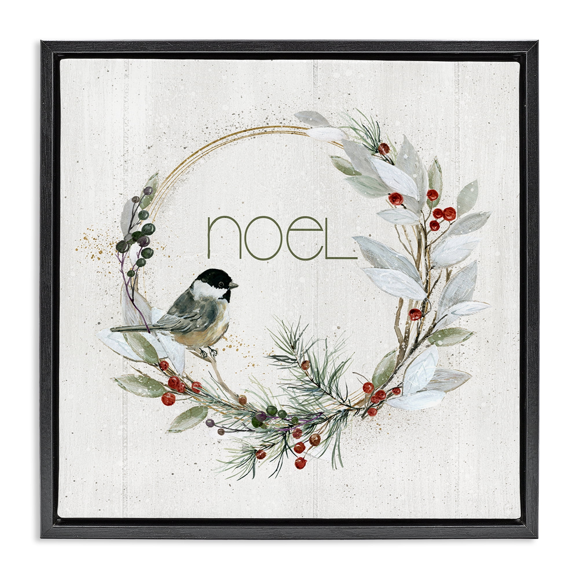 Stupell Industries Simple Noel Wreath Holiday Painting Black Floater Framed Canvas Art Prints Wall Art, 25 x 25