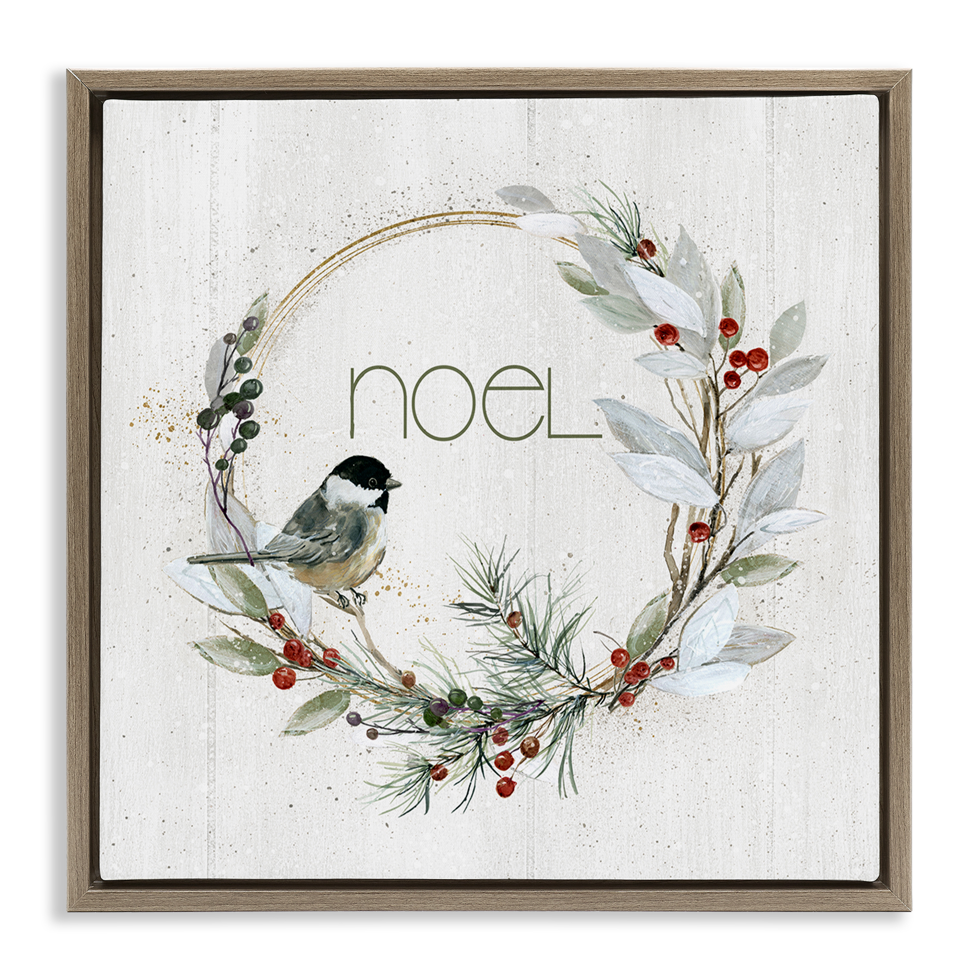 Stupell Industries Simple Noel Wreath Holiday Painting Brown Floater Framed Canvas Art Prints Wall Art, 18 x 18