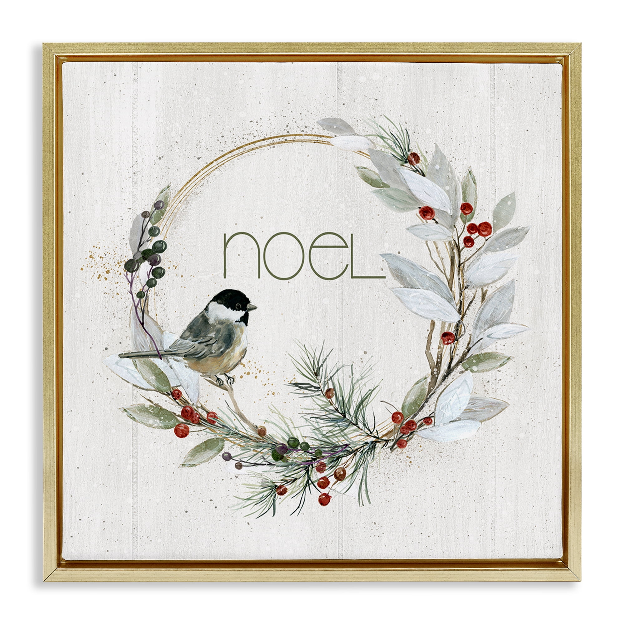 Stupell Industries Simple Noel Wreath Holiday Painting Gold Floater Framed Canvas Art Prints Wall Art, 25 x 25