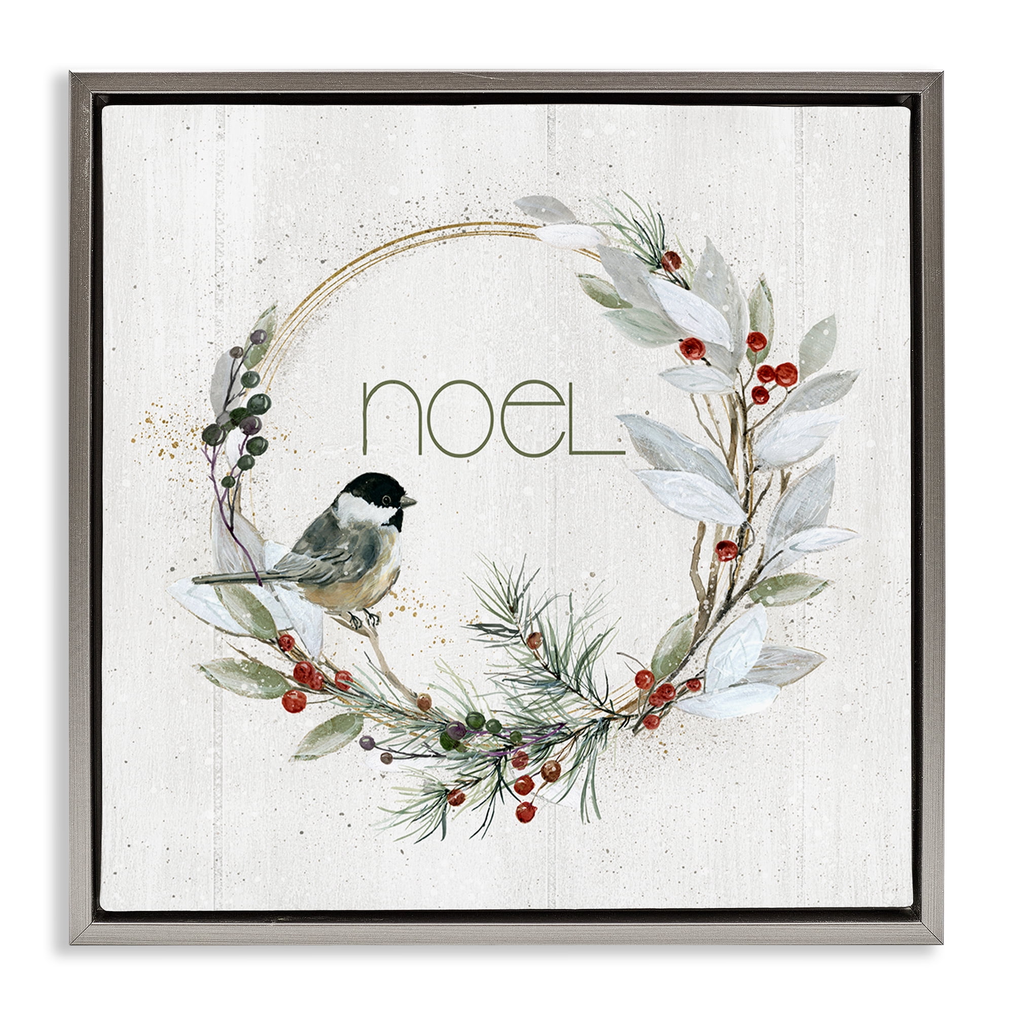 Stupell Industries Simple Noel Wreath Holiday Painting Gray Floater Framed Canvas Art Prints Wall Art, 25 x 25
