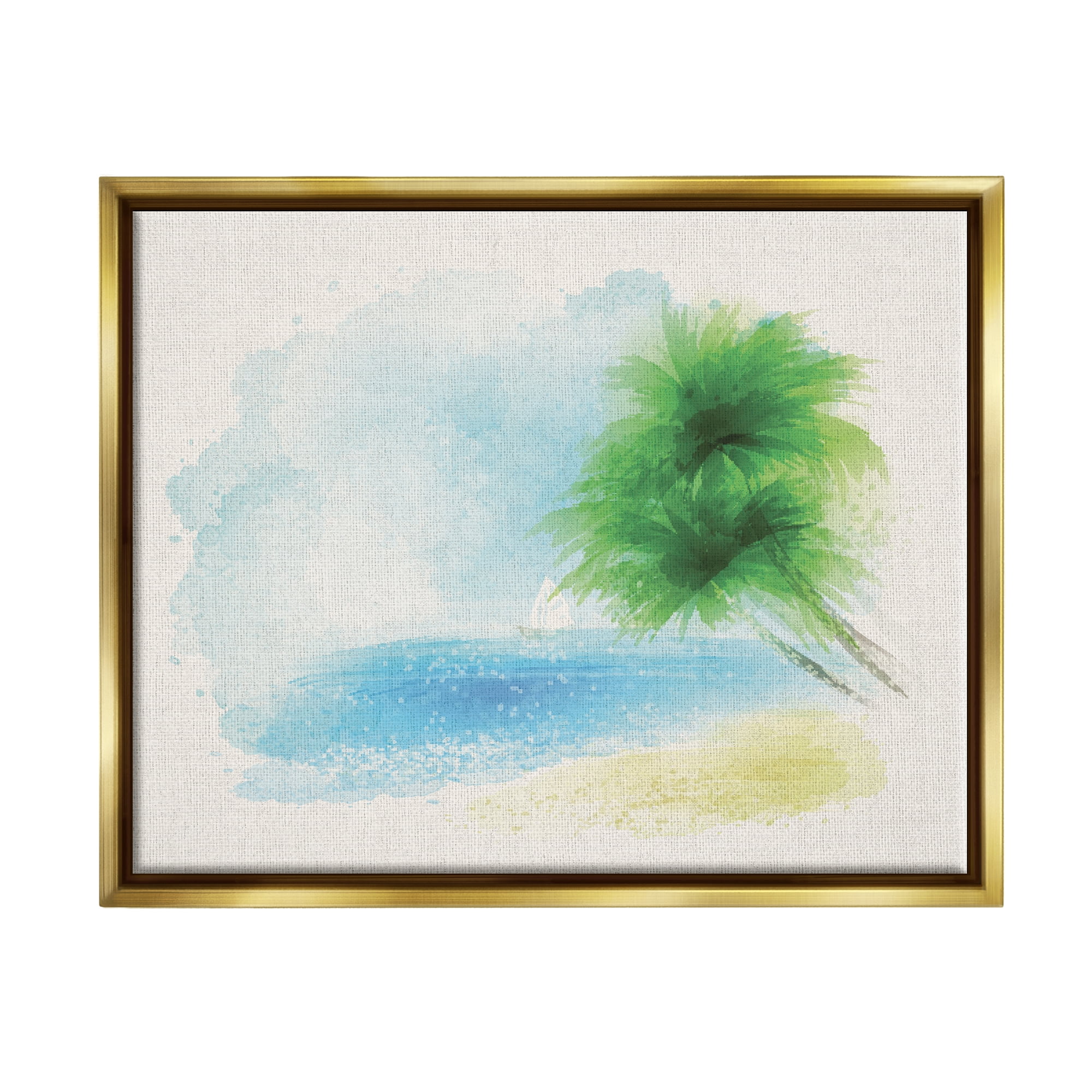 Stupell Industries Simple Palm Tree Beach Painting Coastal Painting Gold Floater Framed Art Print Wall Art
