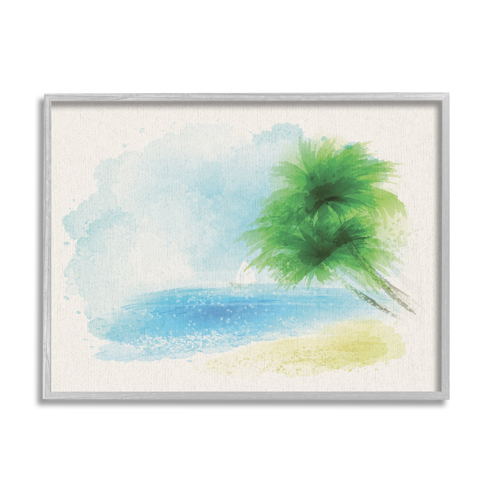 Stupell Industries Simple Palm Tree Beach Painting Coastal Painting Gray Framed Art Print Wall Art