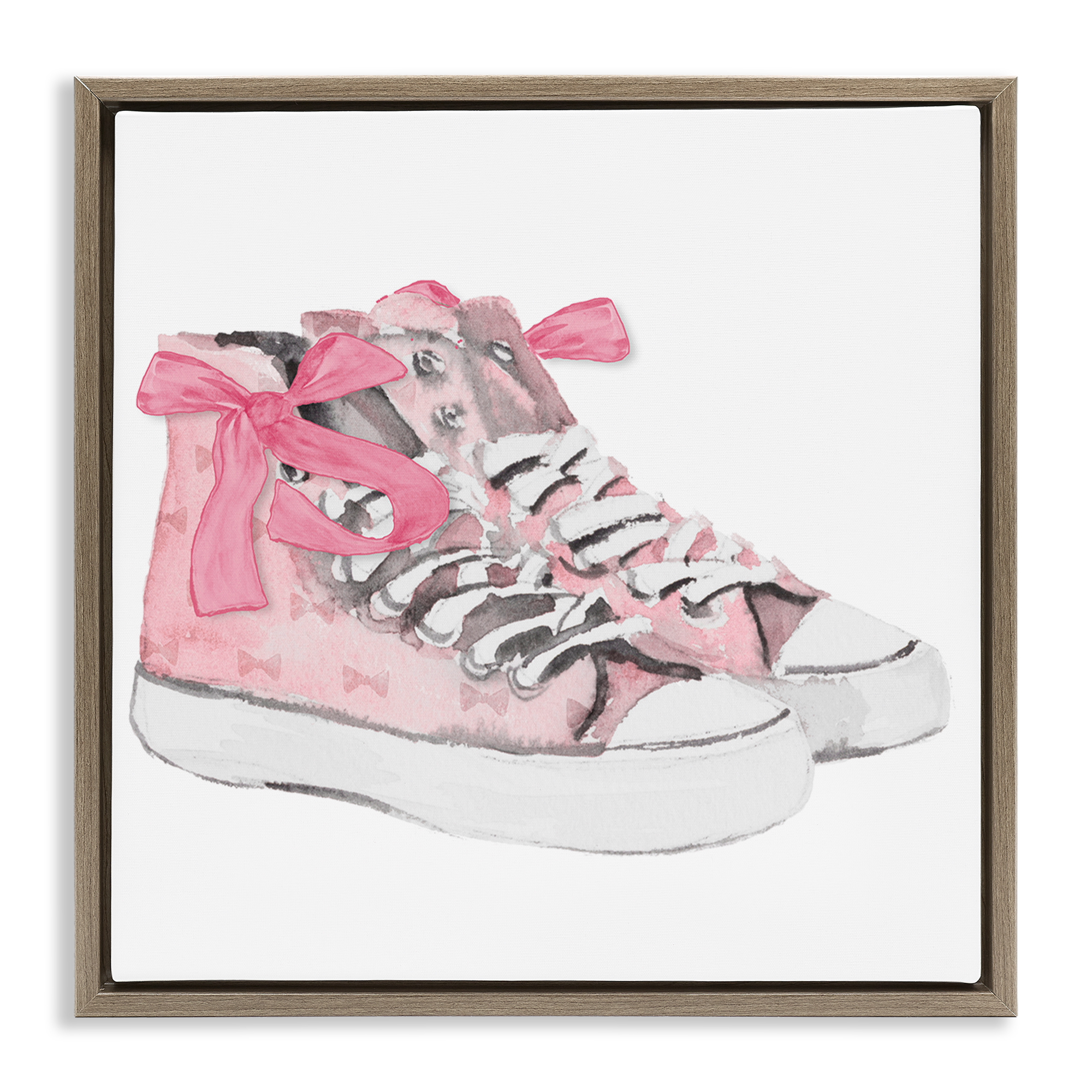 Stupell Industries Simple Pink Bow Sneakers Fashion Painting Brown Floater Framed Canvas Art Print Wall Art, 25 x 25