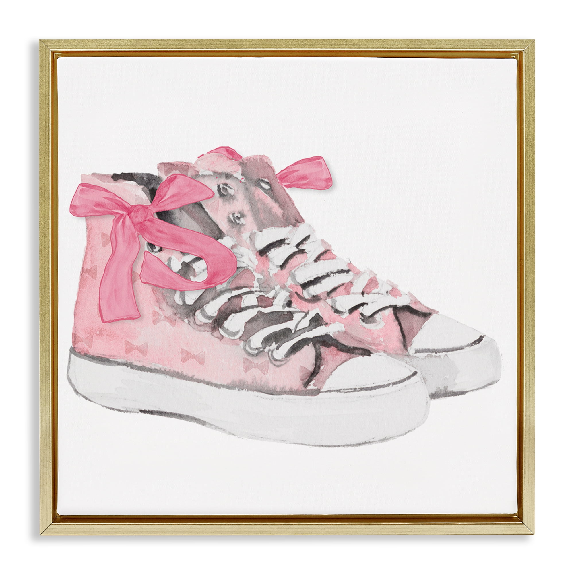 Stupell Industries Simple Pink Bow Sneakers Fashion Painting Gold Floater Framed Canvas Art Print Wall Art, 18 x 18
