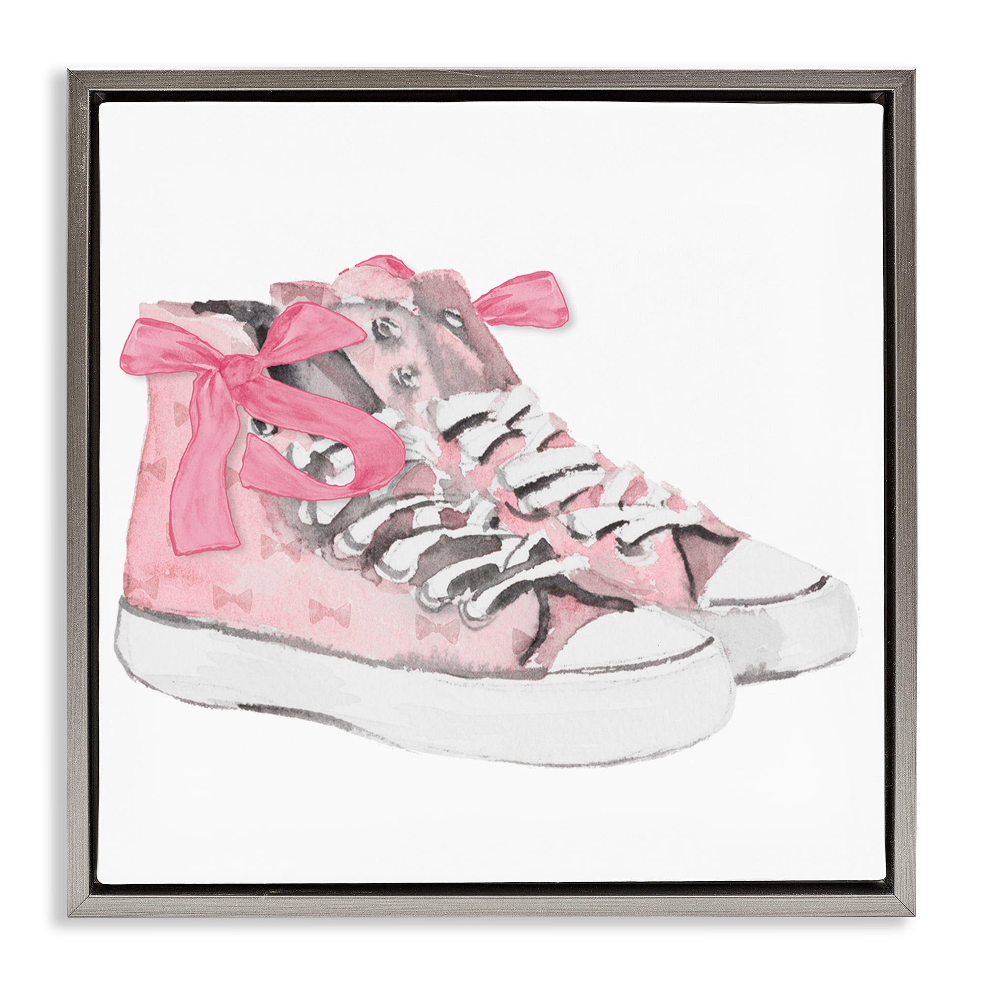Stupell Industries Simple Pink Bow Sneakers Fashion Painting Gray Floater Framed Canvas Art Print Wall Art, 18 x 18
