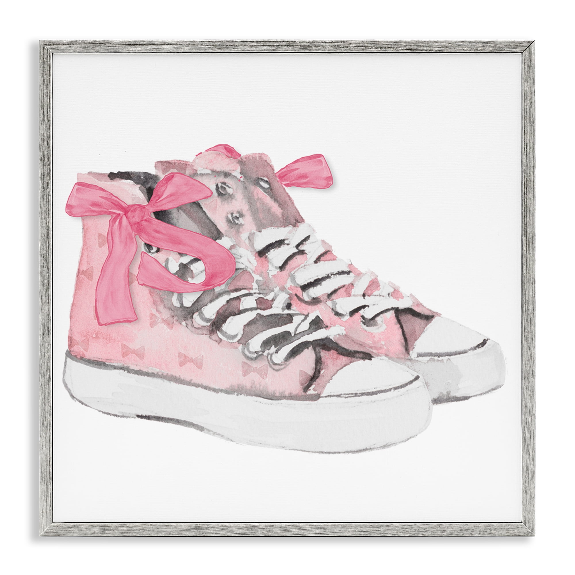 Stupell Industries Simple Pink Bow Sneakers Fashion Painting Gray Framed Art Print Wall Art, 12 x 12