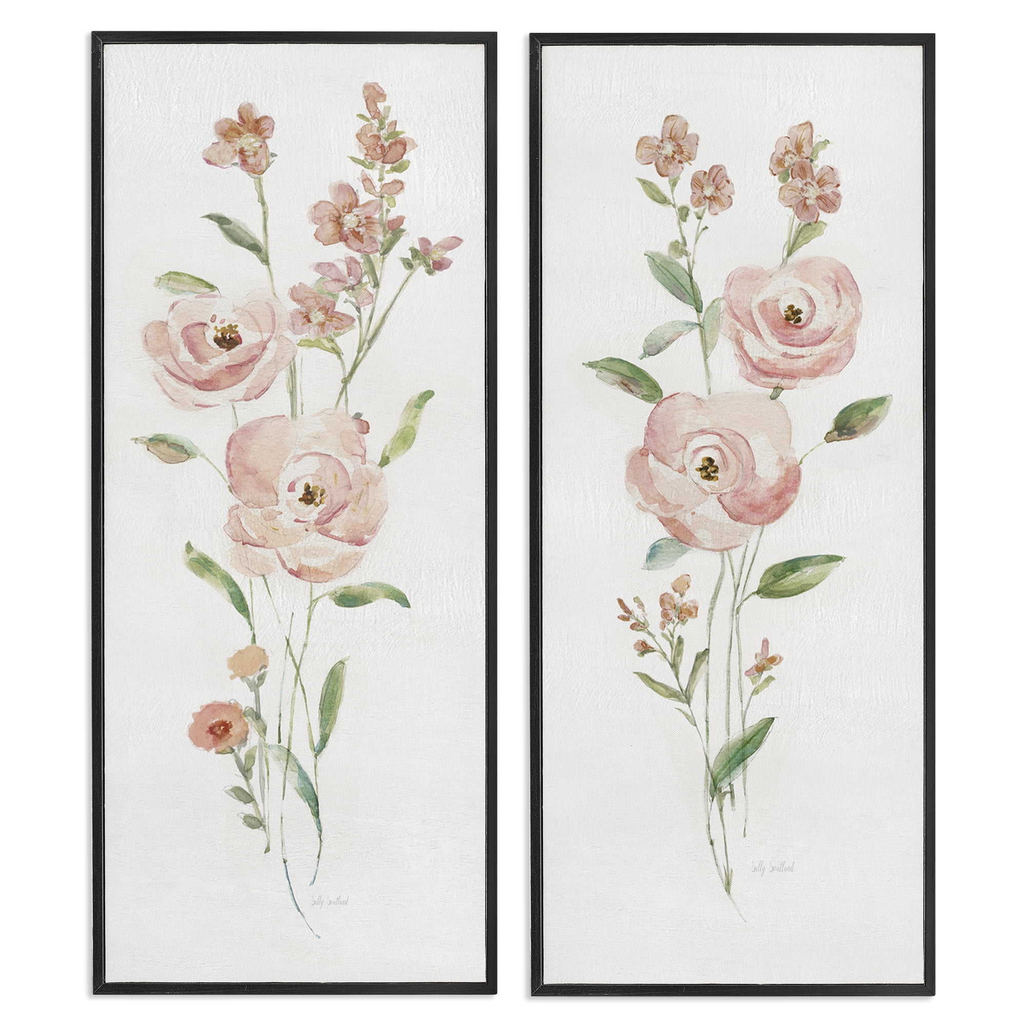 Stupell Industries Simple Pink Watercolor Flowers Plants & Flowers Painting Black Framed Art Print Wall Art, 10 x 24, Set of 2