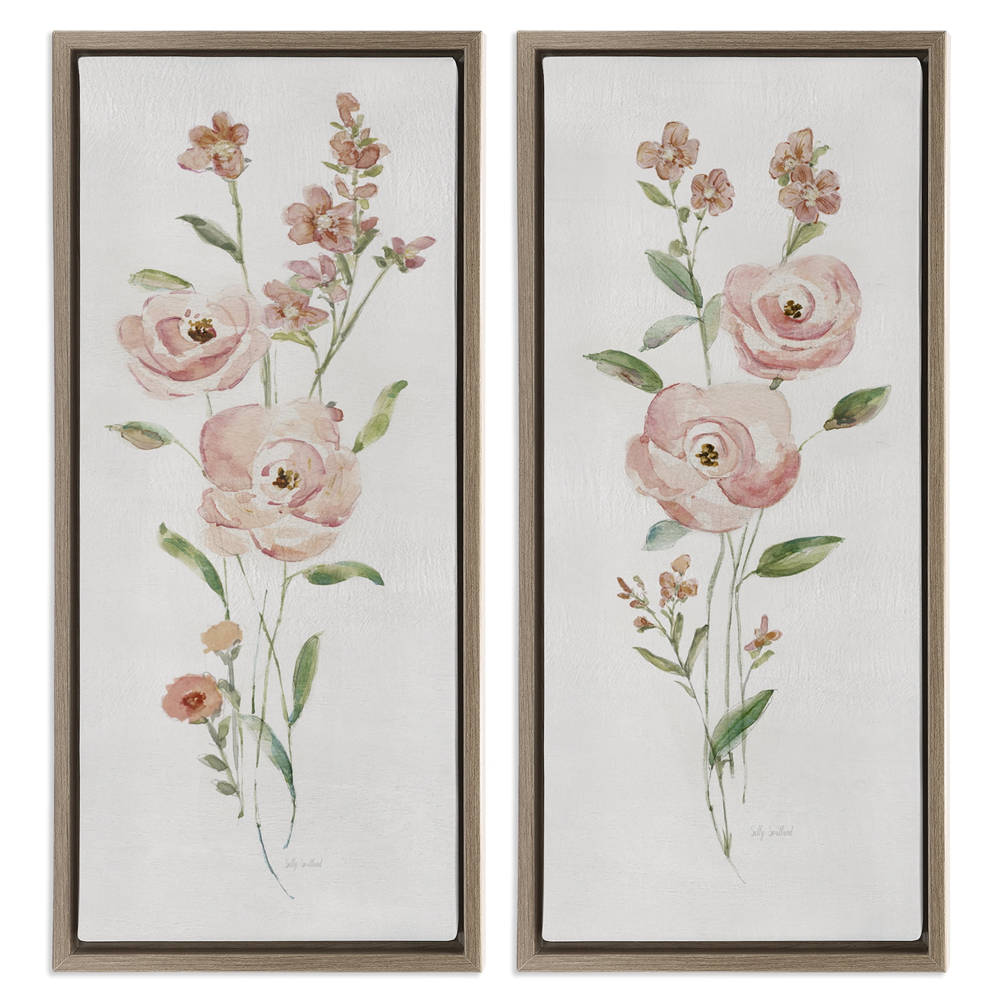 Stupell Industries Simple Pink Watercolor Flowers Plants & Flowers Painting Brown Floater Framed Canvas Art Print Wall Art, 14 x 31, Set of 2