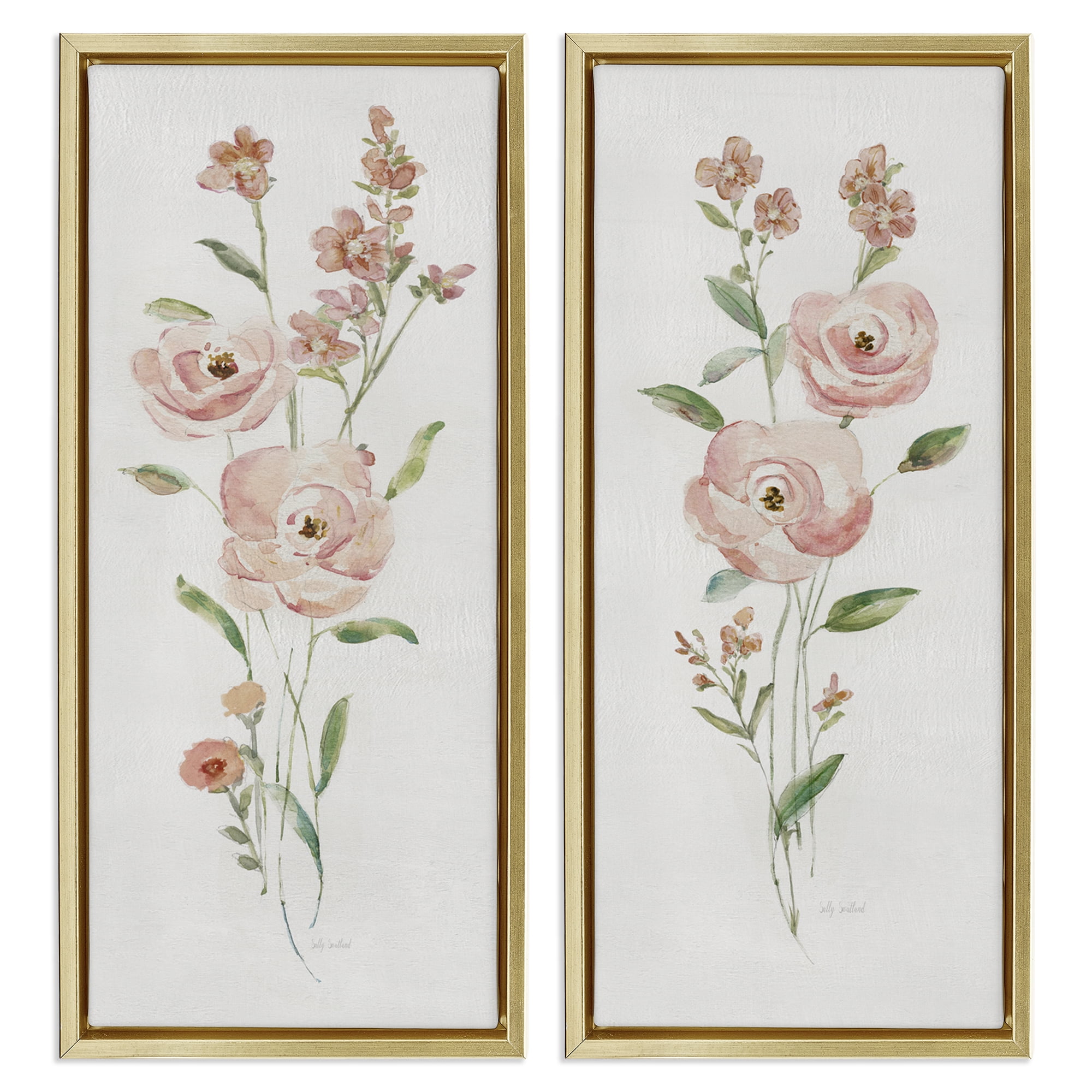 Stupell Industries Simple Pink Watercolor Flowers Plants & Flowers Painting Gold Floater Framed Canvas Art Print Wall Art, 14 x 31, Set of 2