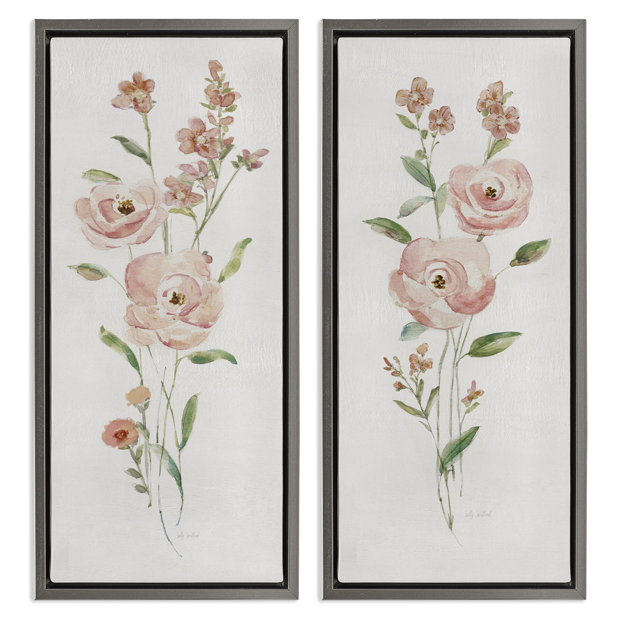 Stupell Industries Simple Pink Watercolor Flowers Plants & Flowers Painting Gray Floater Framed Canvas Art Print Wall Art, 14 x 31, Set of 2