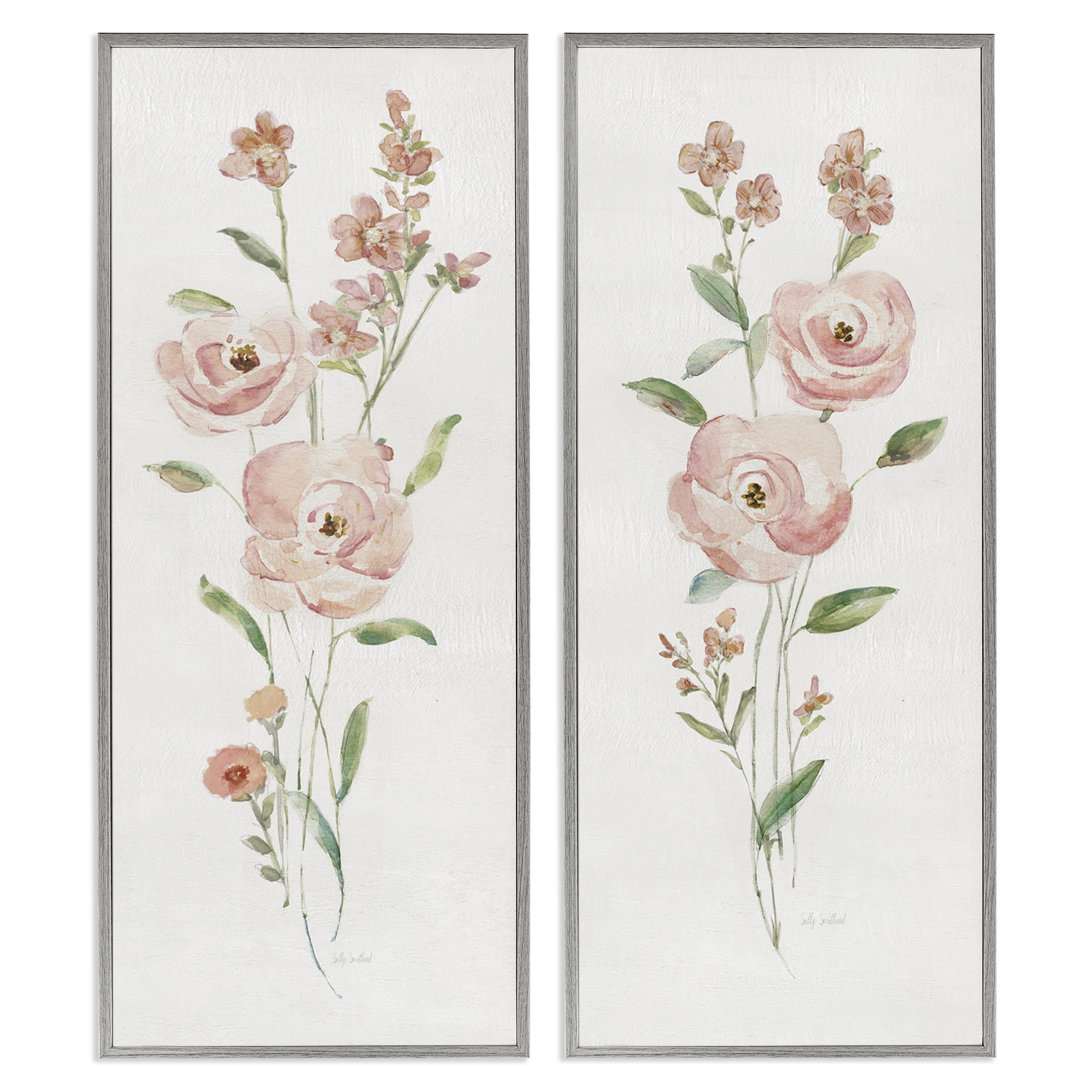 Stupell Industries Simple Pink Watercolor Flowers Plants & Flowers Painting Gray Framed Art Print Wall Art, 10 x 24, Set of 2