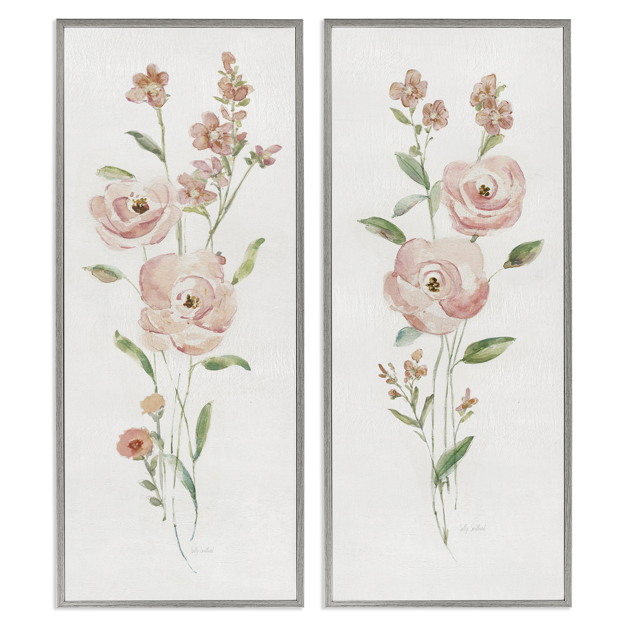 Stupell Industries Simple Pink Watercolor Flowers Plants & Flowers Painting Gray Framed Art Print Wall Art, 13 x 30, Set of 2