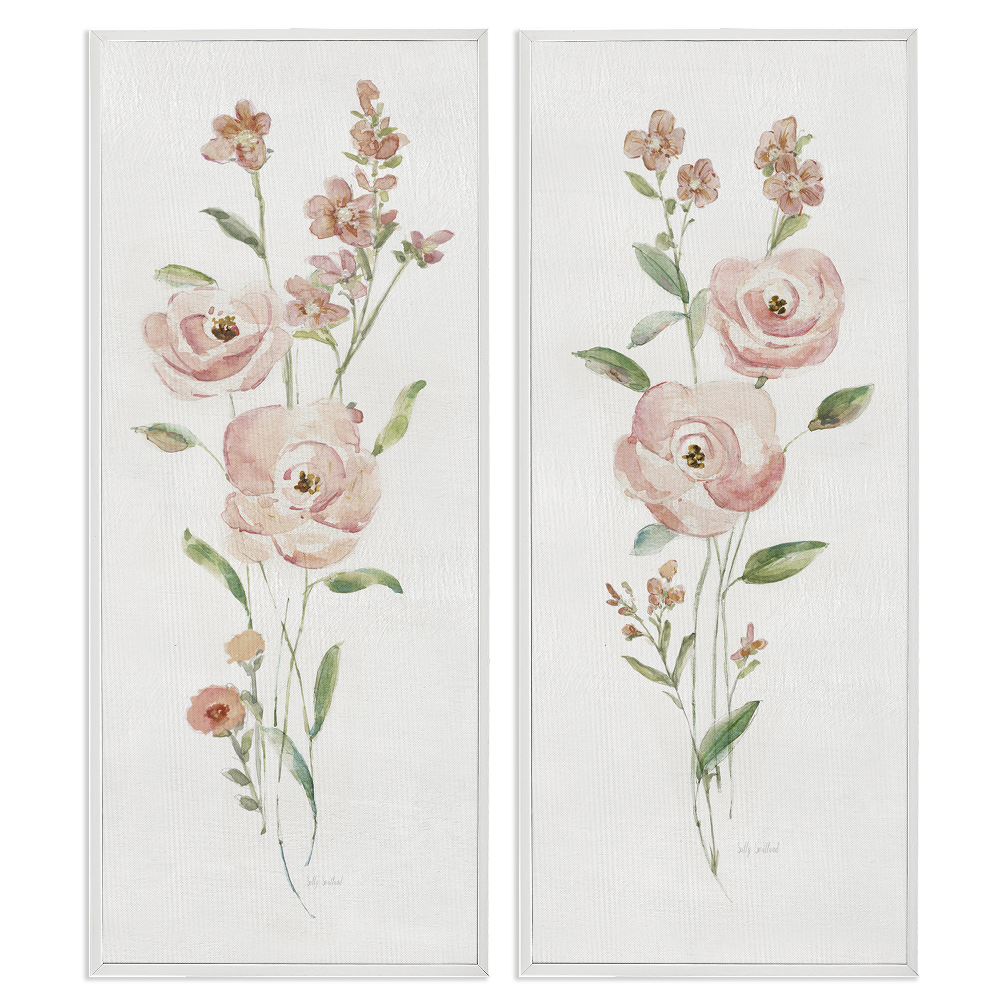 Stupell Industries Simple Pink Watercolor Flowers Plants & Flowers Painting White Framed Art Print Wall Art, 10 x 24, Set of 2
