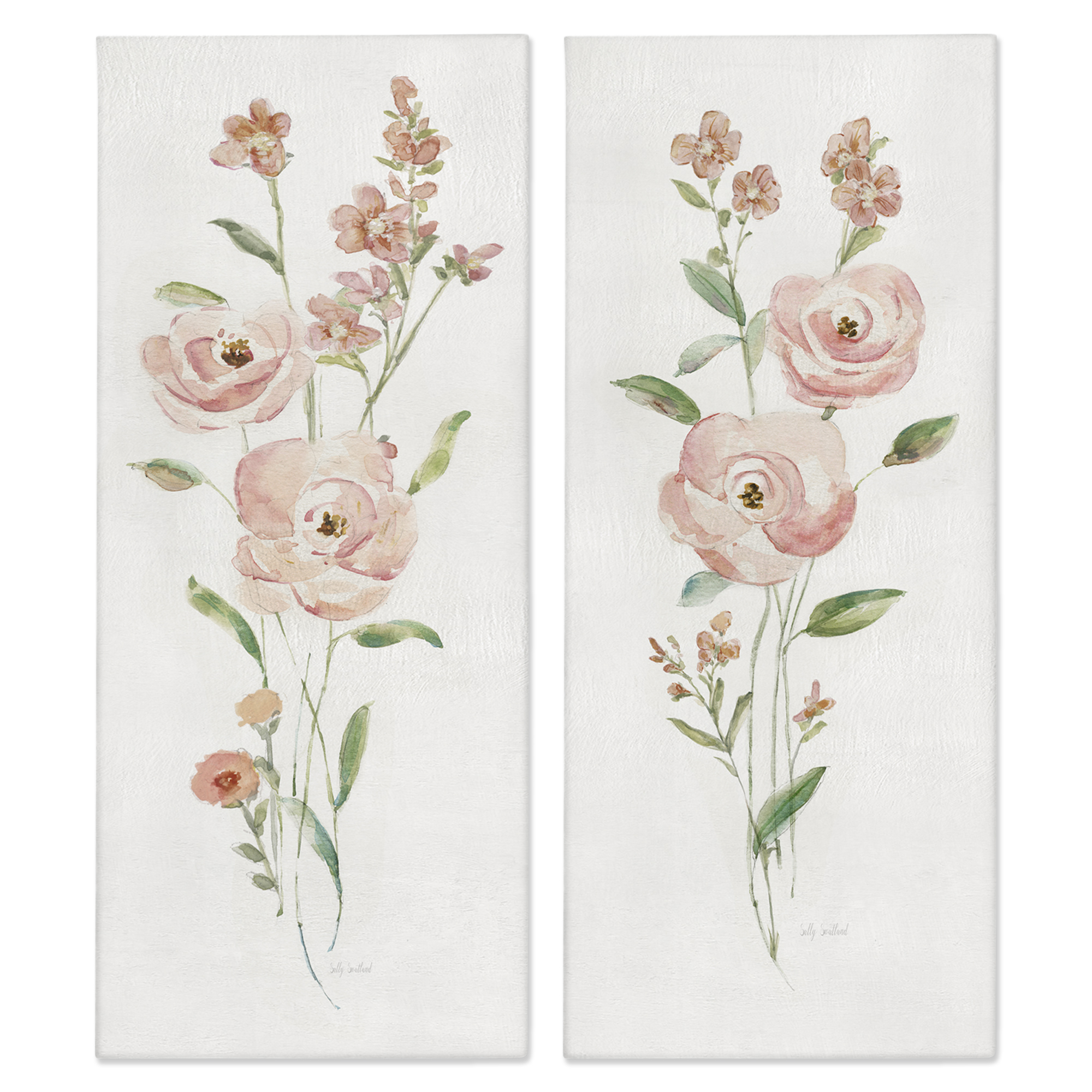 Stupell Industries Simple Pink Watercolor Flowers Plants & Flowers Painting Wrapped Canvas Art Print Wall Art, 10 x 24, Set of 2