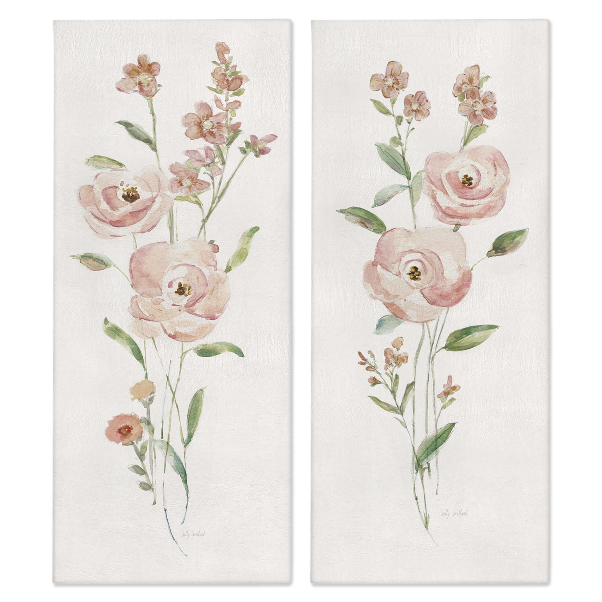 Stupell Industries Simple Pink Watercolor Flowers Plants & Flowers Painting Wrapped Canvas Art Print Wall Art, 13 x 30, Set of 2