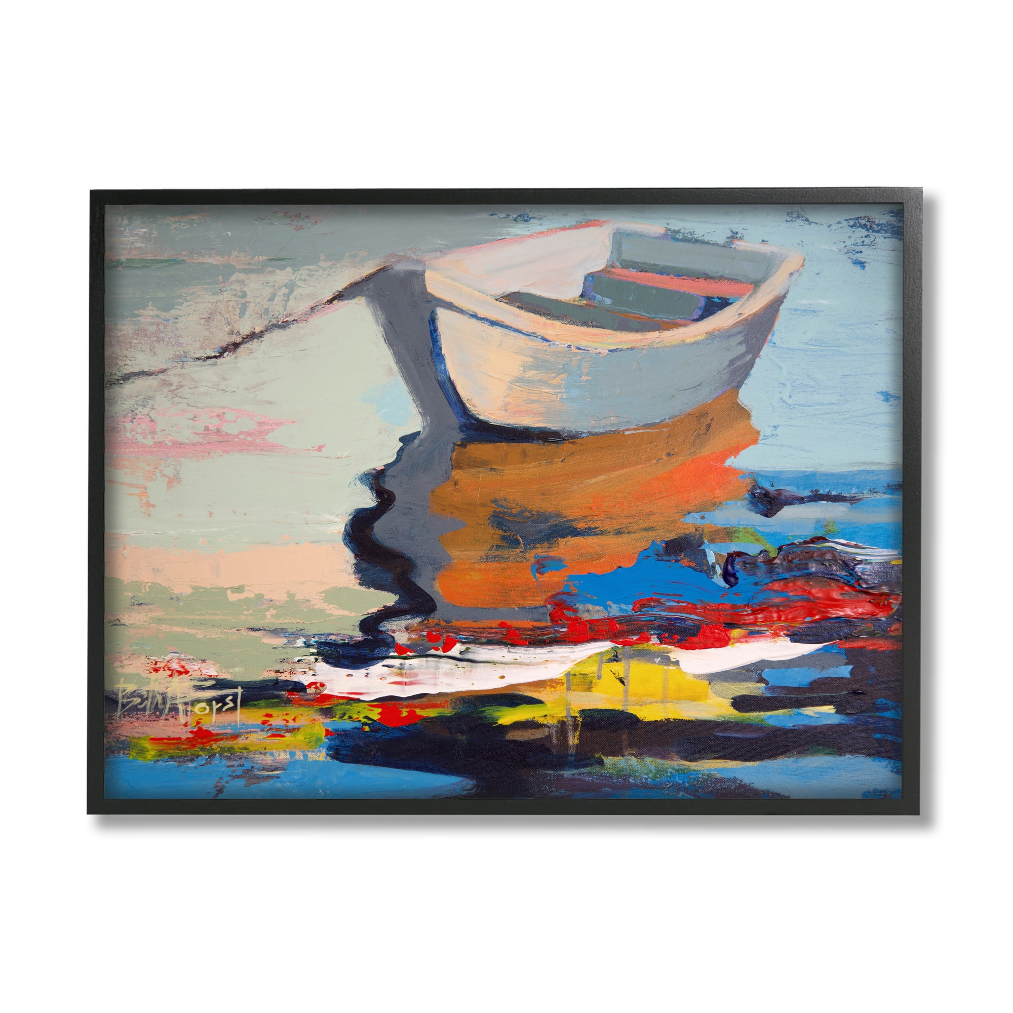 Stupell Industries Simple Rowboat Reflection in Abstract Lake Water Abstract Painting Black Framed Art Print Wall Art, 11 x 14