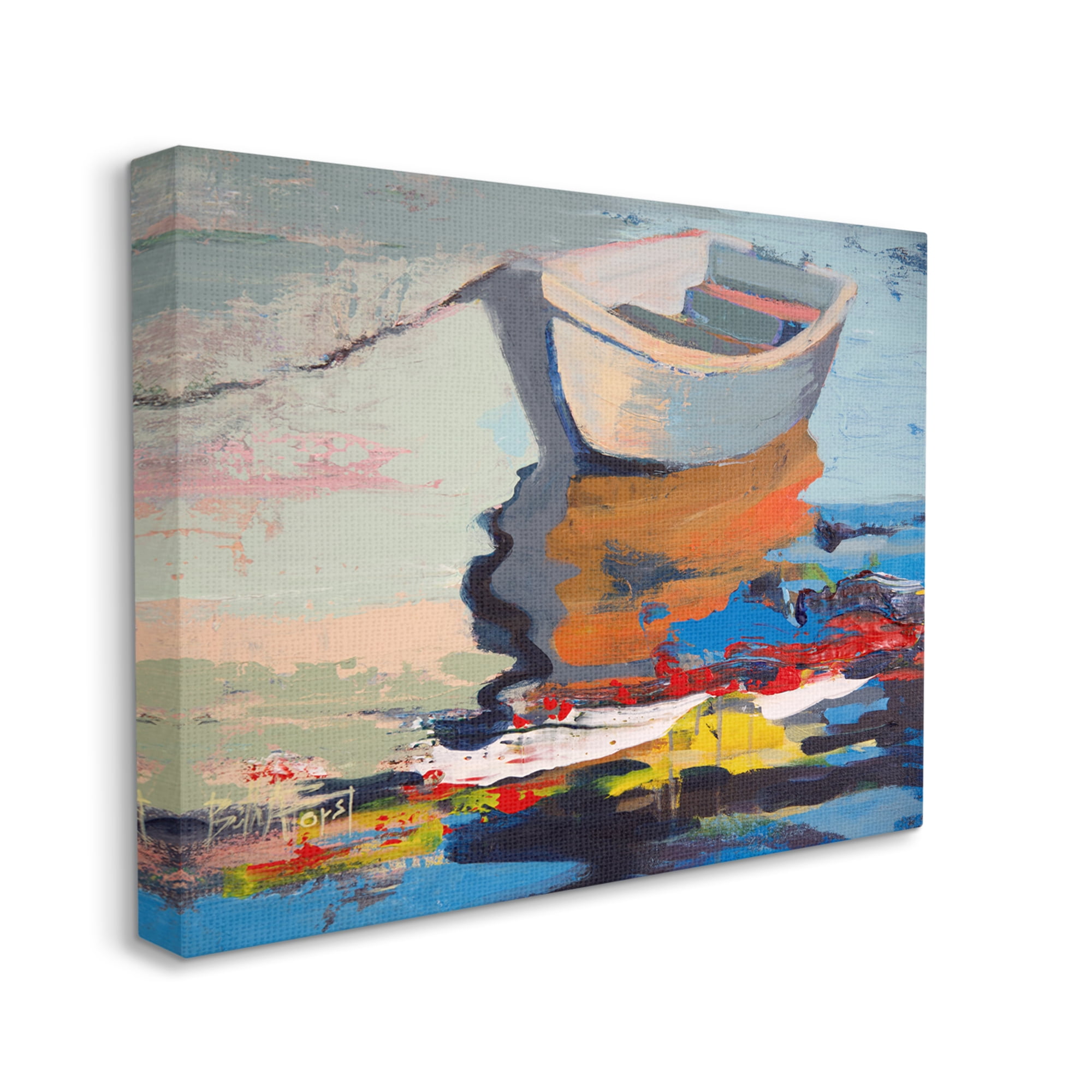 Stupell Industries Simple Rowboat Reflection in Abstract Lake Water Abstract Painting Gallery Wrapped Canvas Print Wall Art, 16 x 20