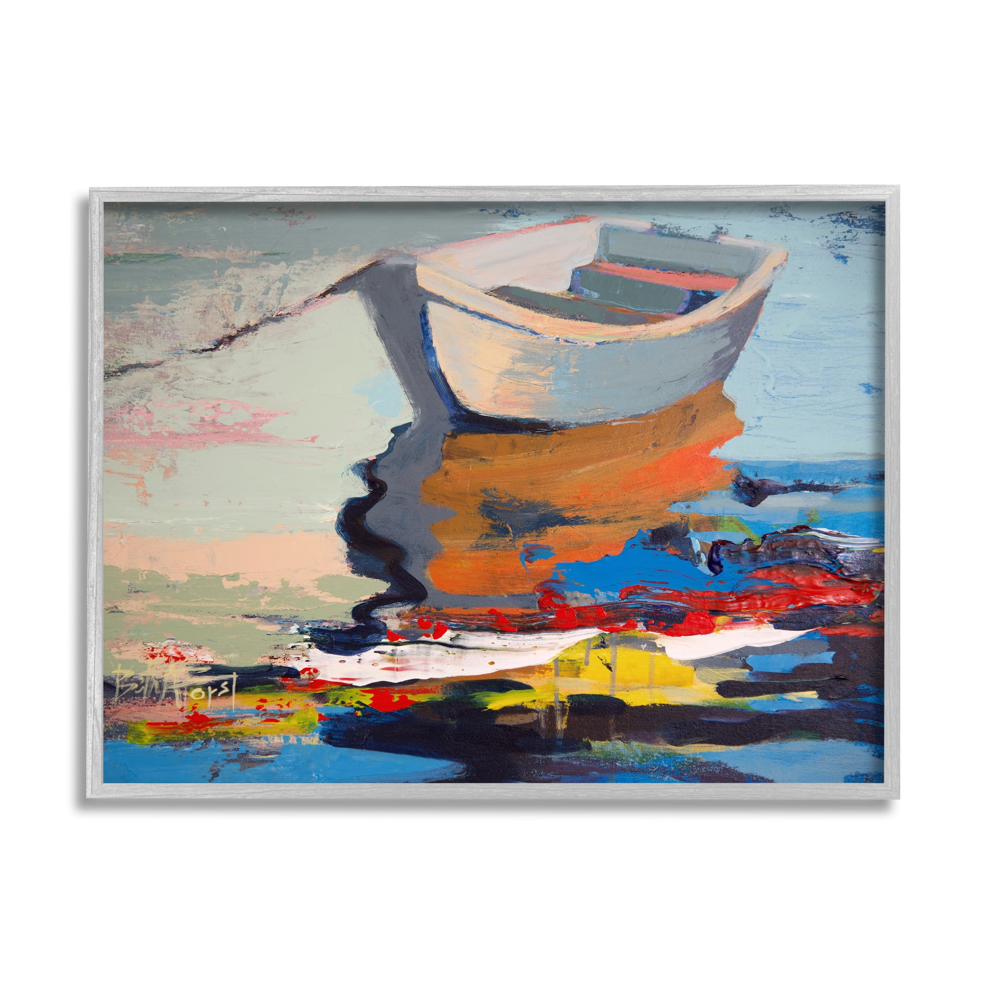 Stupell Industries Simple Rowboat Reflection in Abstract Lake Water Abstract Painting Gray Framed Art Print Wall Art, 11 x 14