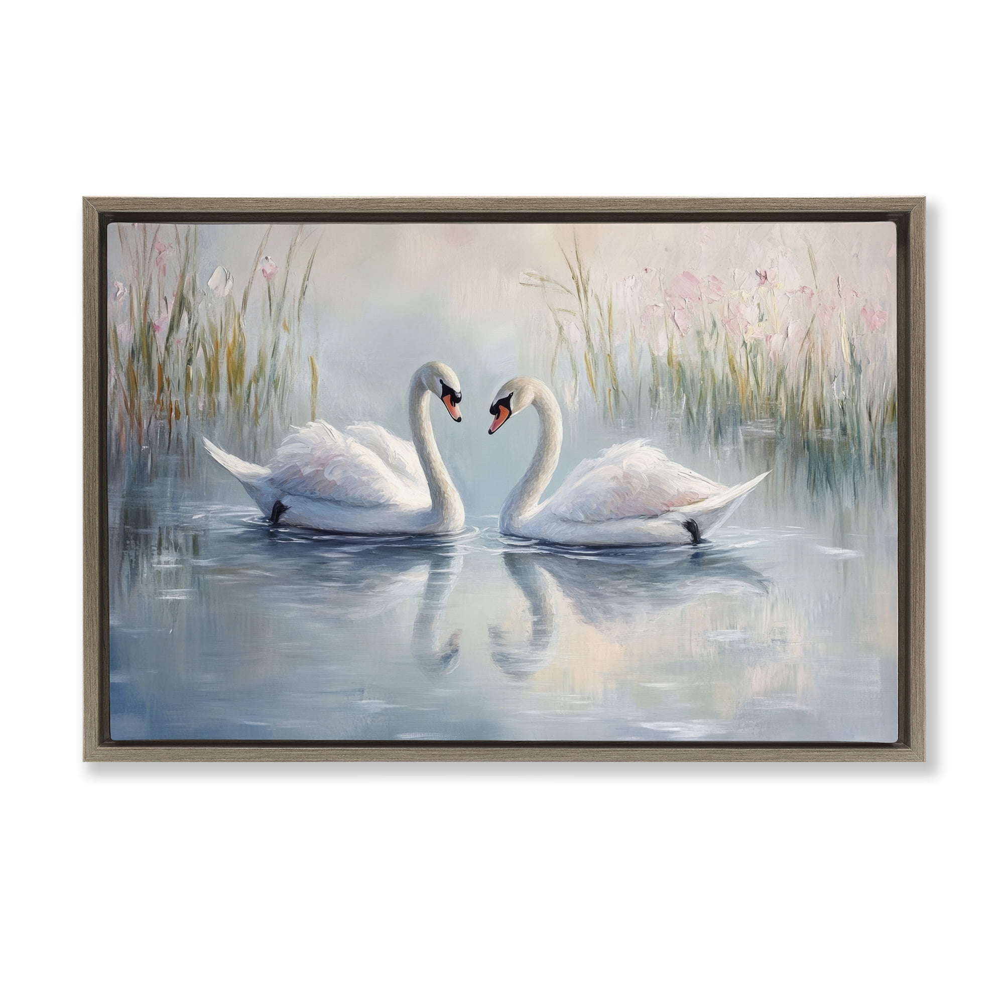 Stupell Industries Simple Swan Reflections Brown Framed Floater Canvas Wall Art, design by Petal Prints Design