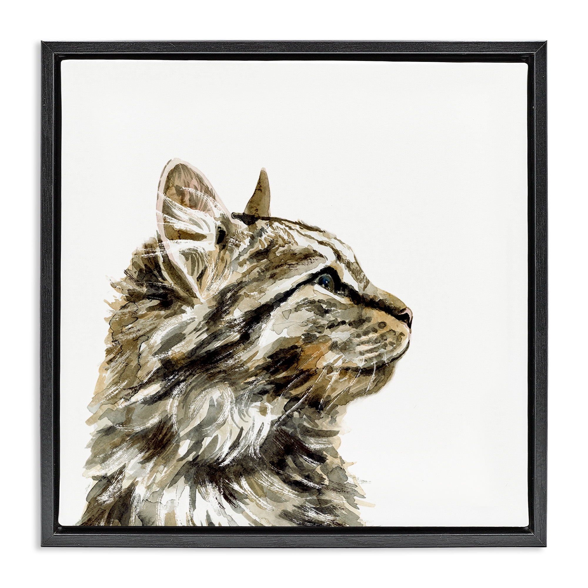 Stupell Industries Simple Tabby Cat Gaze Animals & Insects Painting Black Floater Framed Canvas Art Print Wall Art, 25 x 25