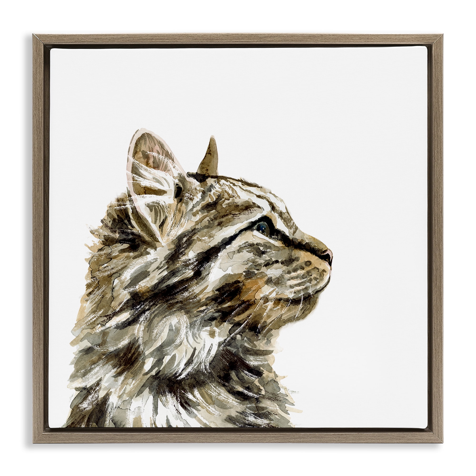 Stupell Industries Simple Tabby Cat Gaze Animals & Insects Painting Brown Floater Framed Canvas Art Print Wall Art, 18 x 18