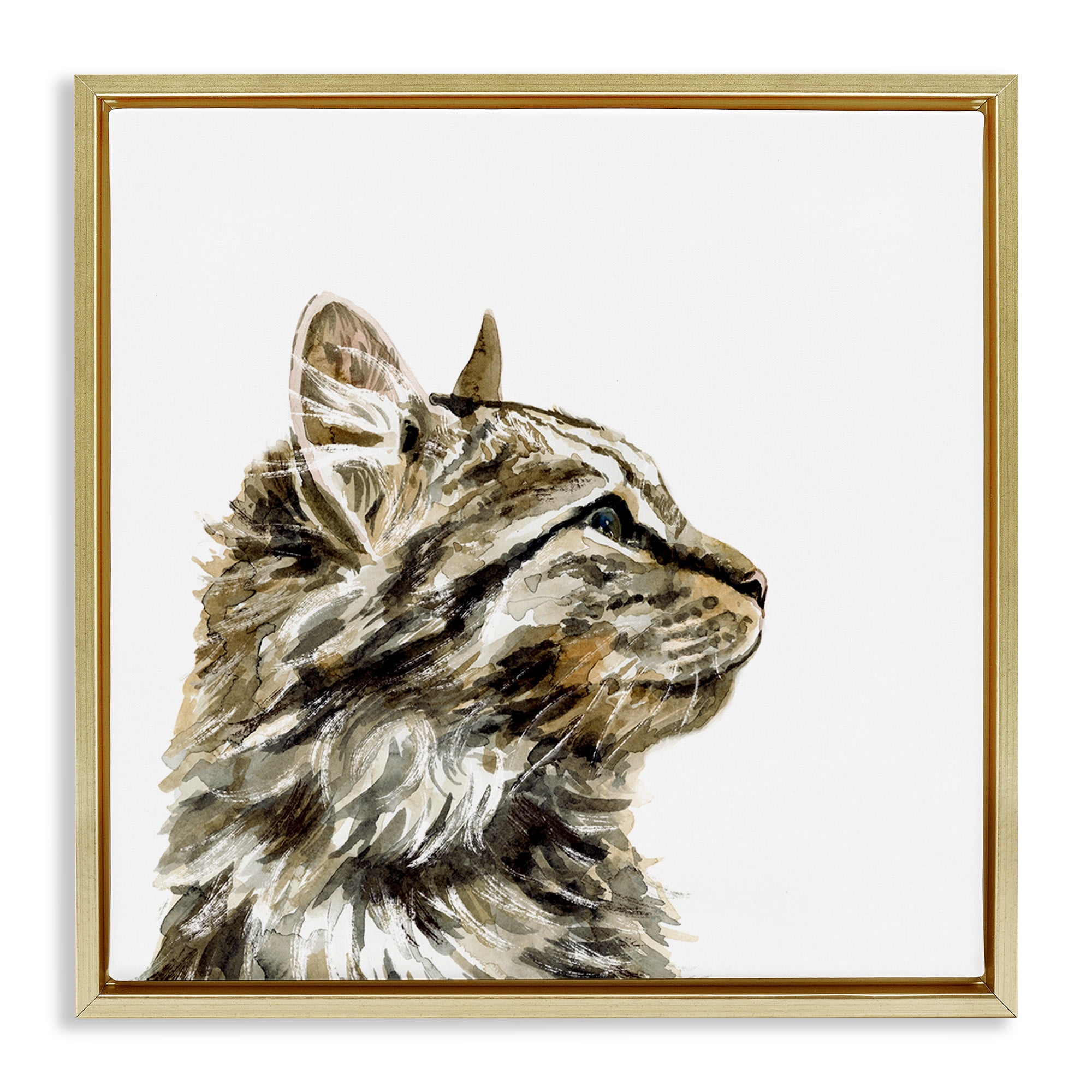 Stupell Industries Simple Tabby Cat Gaze Animals & Insects Painting Gold Floater Framed Canvas Art Print Wall Art, 18 x 18