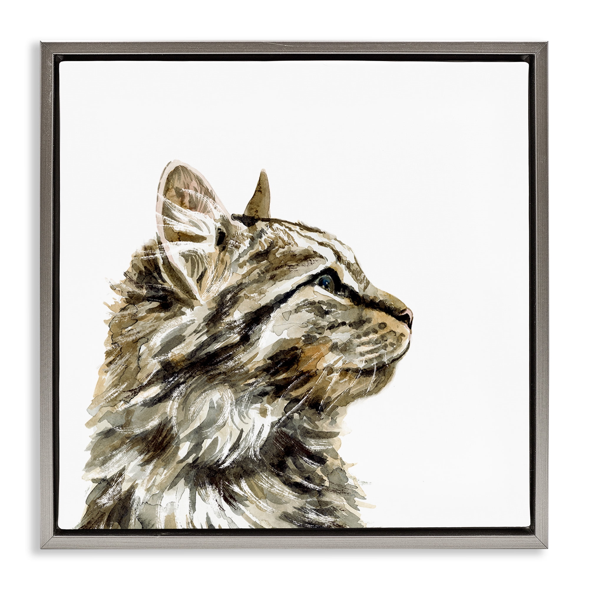 Stupell Industries Simple Tabby Cat Gaze Animals & Insects Painting Gray Floater Framed Canvas Art Print Wall Art, 18 x 18