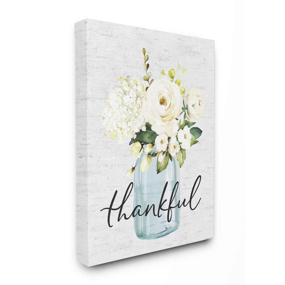 Stupell Industries Simple Thankful Phrase Over Country Floral Jar Canvas Wall Art Design by Lettered and Lined, 16" x 20"