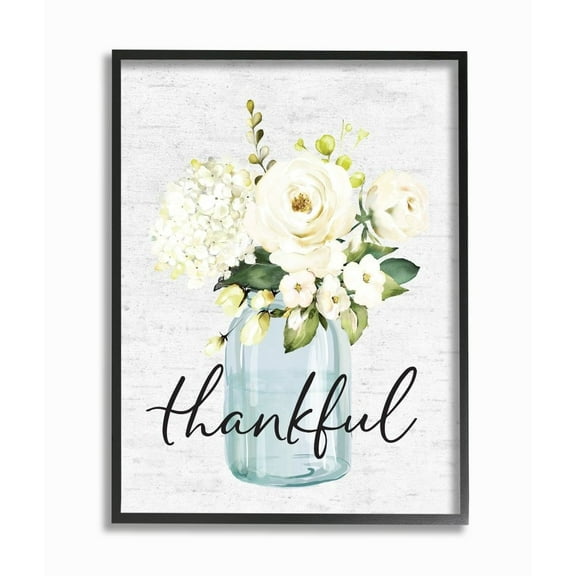 Stupell Industries Simple Thankful Phrase Over Country Floral Jar Framed Wall Art Design by Lettered and Lined, 11" x 14", Black Framed