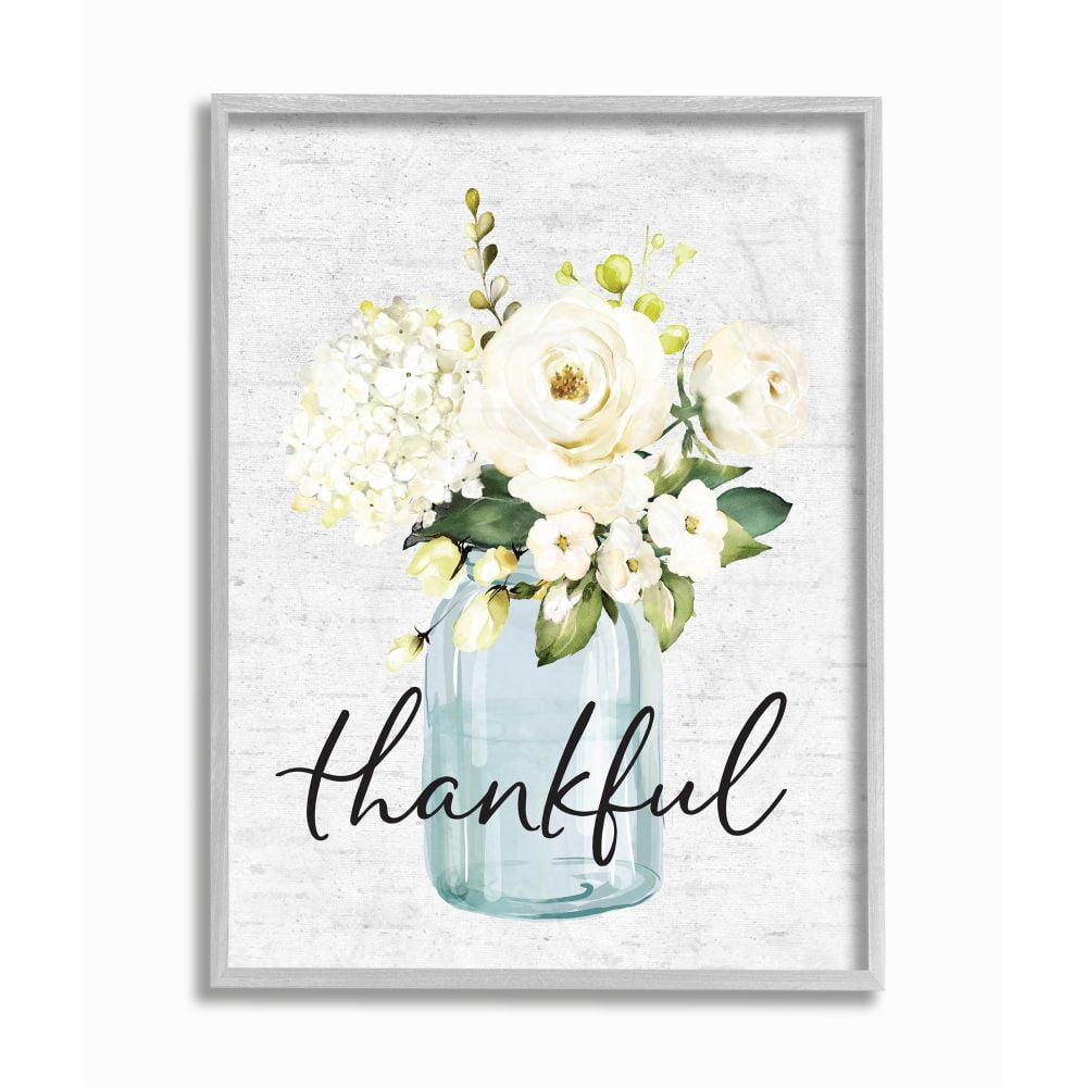 Stupell Industries Simple Thankful Phrase Over Country Floral Jar Framed Wall Art Design by Lettered and Lined, 11" x 14", Gray Framed
