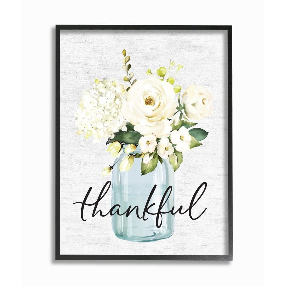 Stupell Industries Simple Thankful Phrase Over Country Floral Jar Framed Wall Art Design by Lettered and Lined, 16" x 20", Black Framed