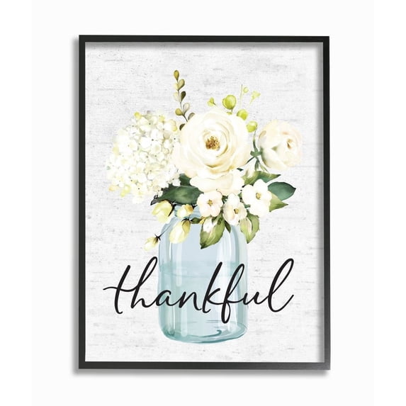 Stupell Industries Simple Thankful Phrase Over Country Floral Jar Framed Wall Art Design by Lettered and Lined, 16" x 20", Black Framed