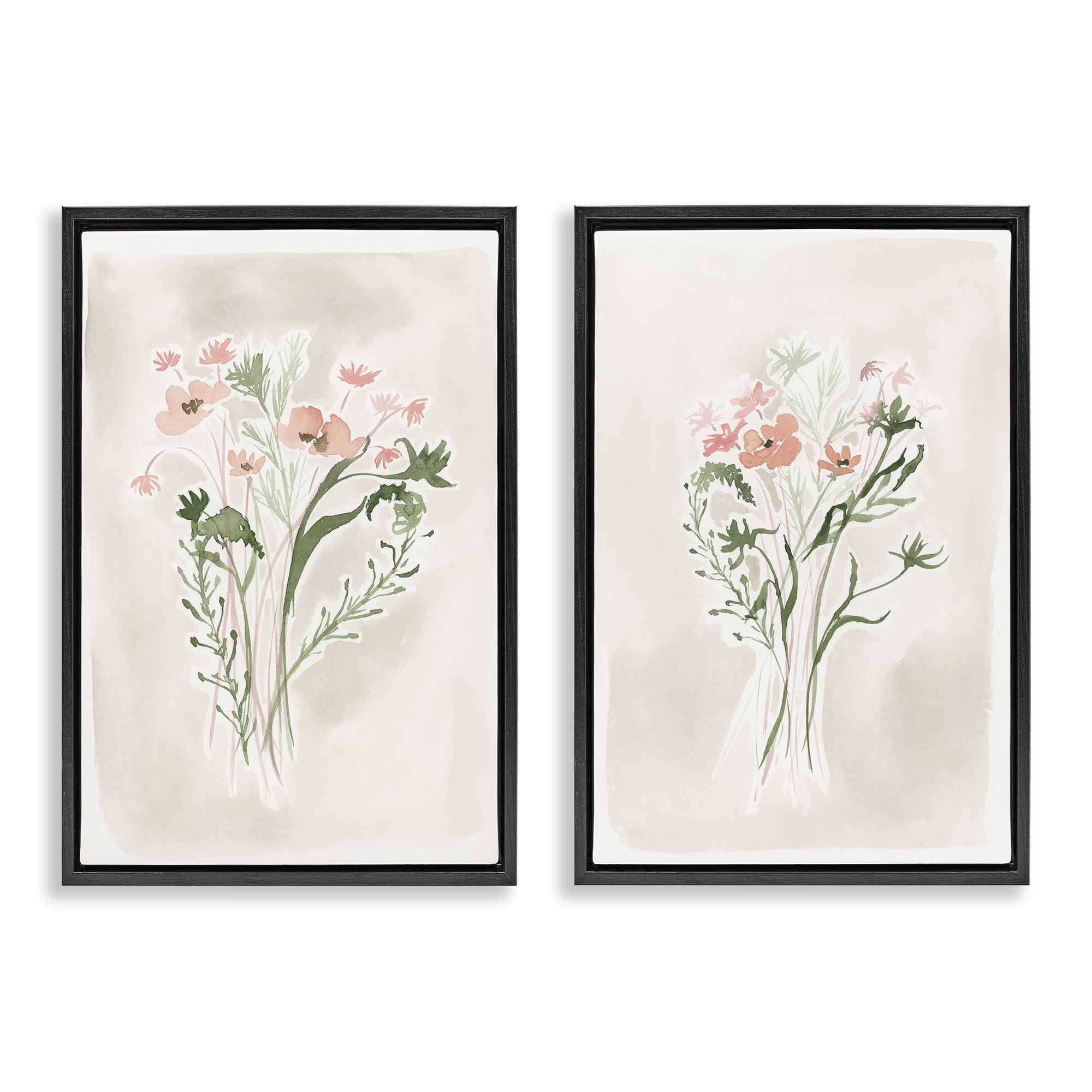 Stupell Industries Simple Watercolor Flowers Plants & Flowers Painting Black Floater Framed Canvas Art Print Wall Art, 17 x 25, Set of 2