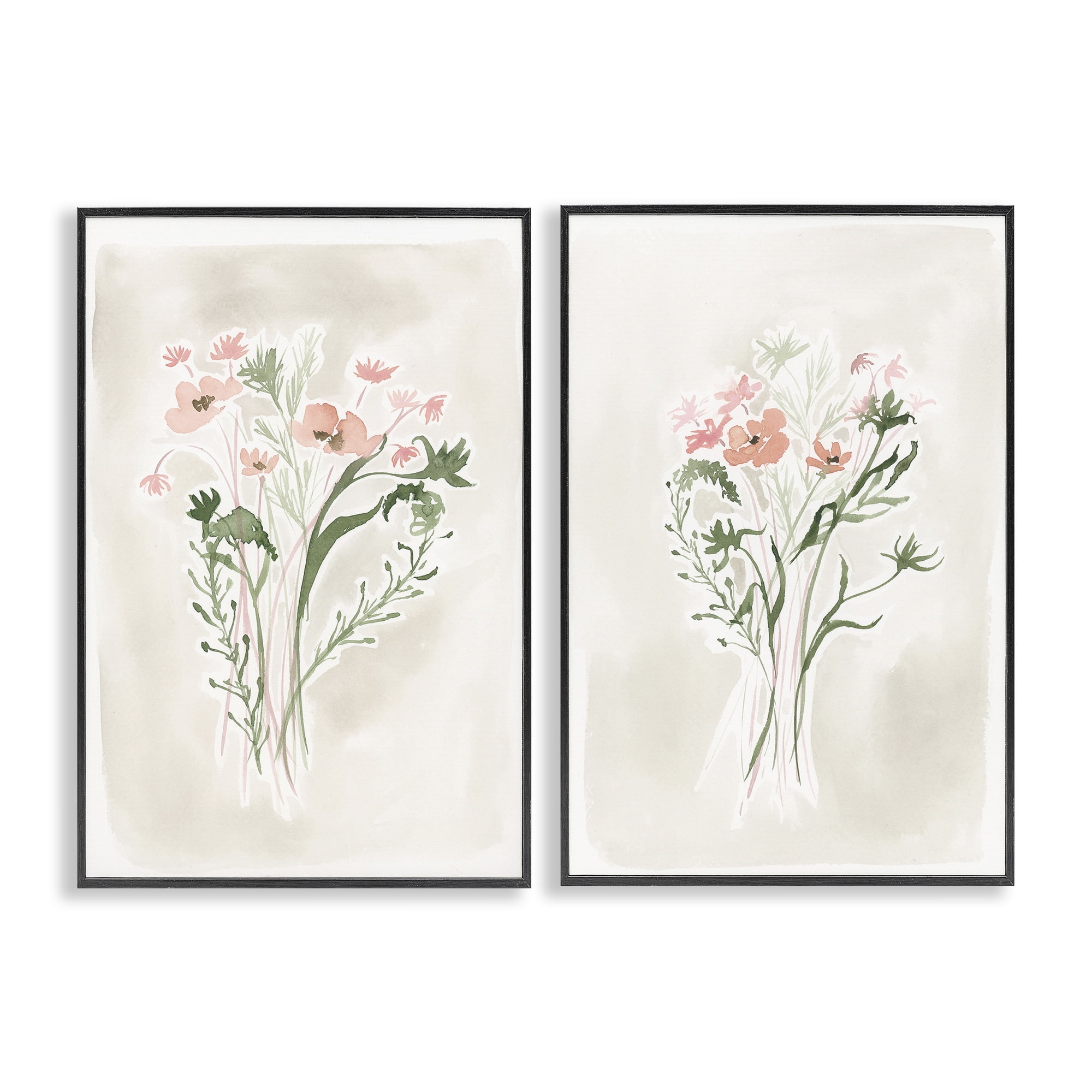 Stupell Industries Simple Watercolor Flowers Plants & Flowers Painting Black Framed Art Print Wall Art, 16 x 24, Set of 2