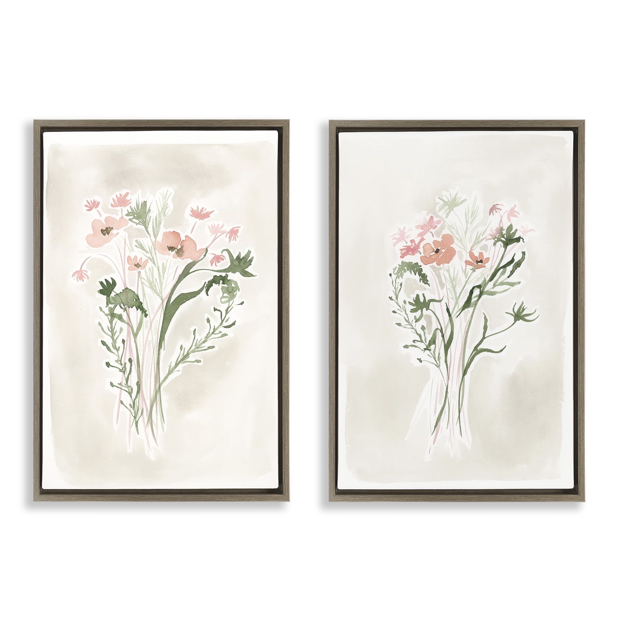 Stupell Industries Simple Watercolor Flowers Plants & Flowers Painting Brown Floater Framed Canvas Art Print Wall Art, 17 x 25, Set of 2