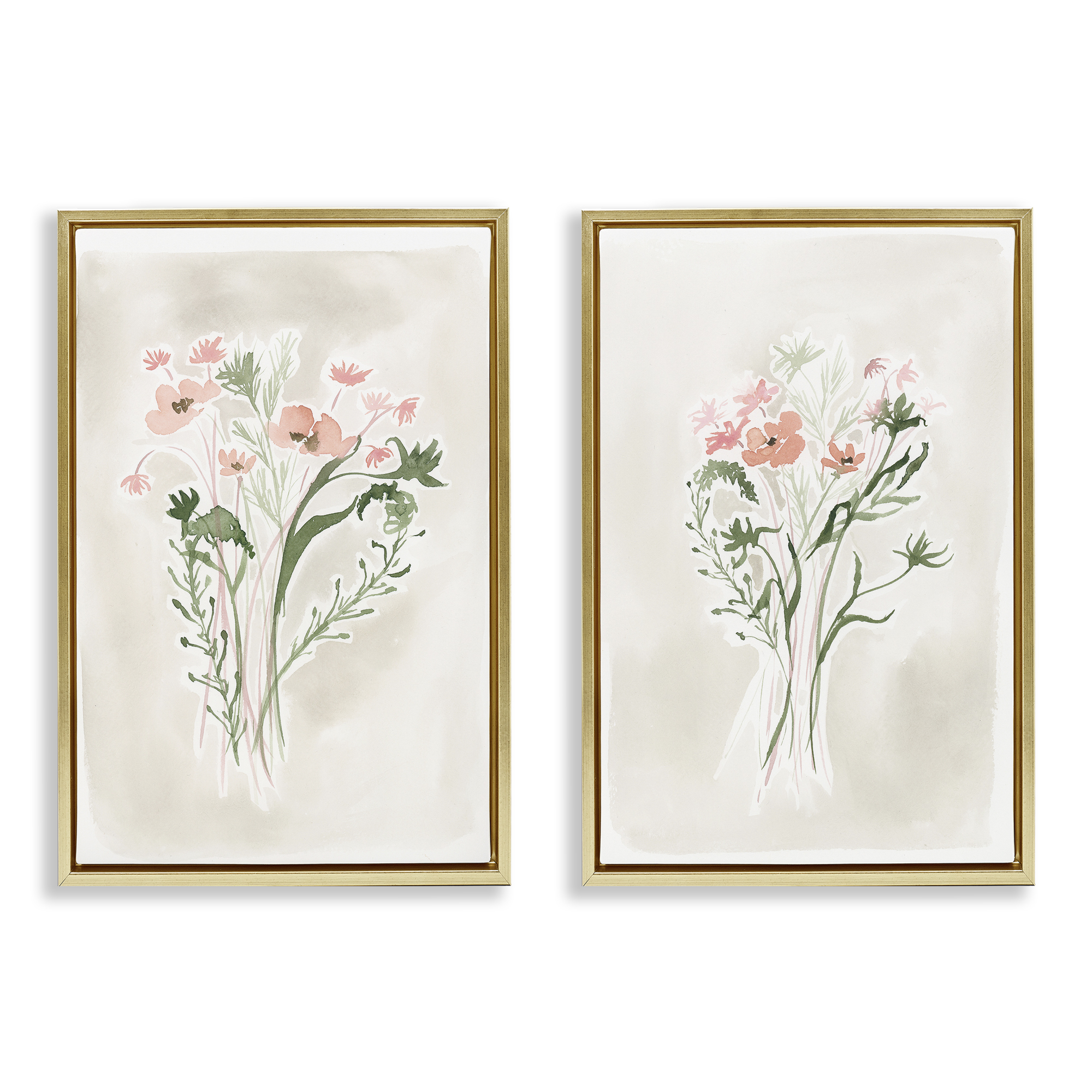 Stupell Industries Simple Watercolor Flowers Plants & Flowers Painting Gold Floater Framed Canvas Art Print Wall Art, 21 x 31, Set of 2