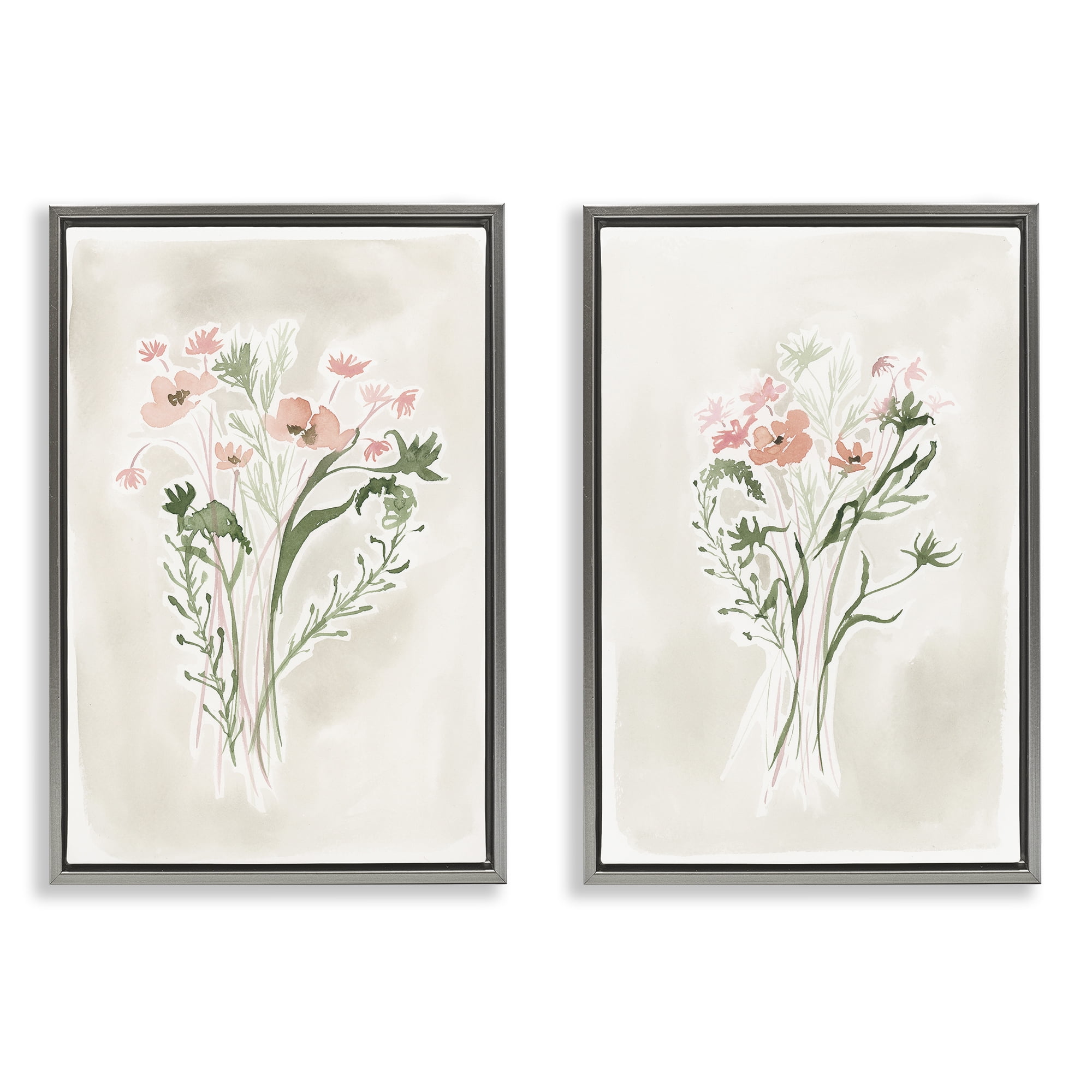 Stupell Industries Simple Watercolor Flowers Plants & Flowers Painting Gray Floater Framed Canvas Art Print Wall Art, 21 x 31, Set of 2