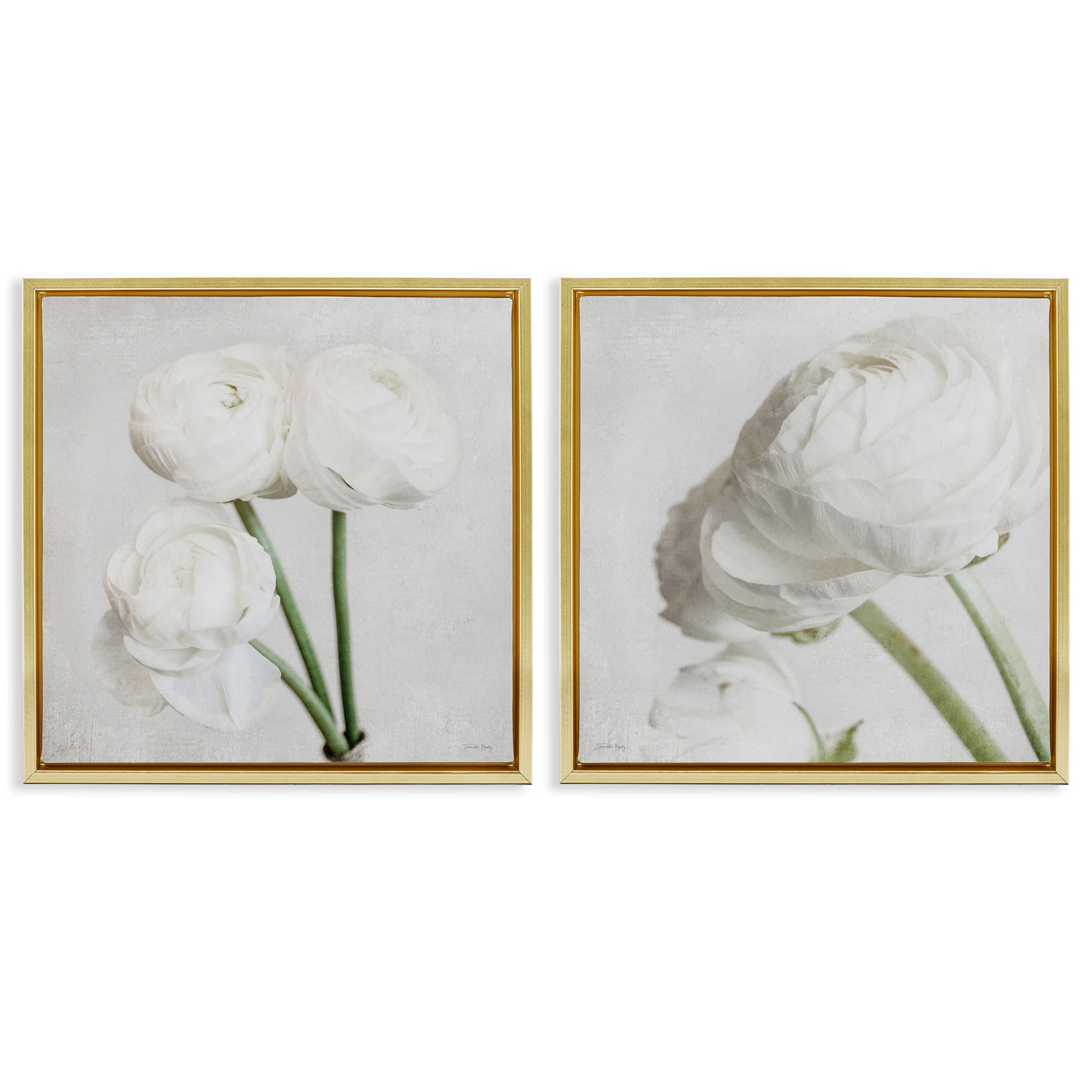 Stupell Industries Simple White Peony Stems Plants & Flowers Painting Gold Floater Framed Canvas Art Print Wall Art, 25 x 25, Set of 2