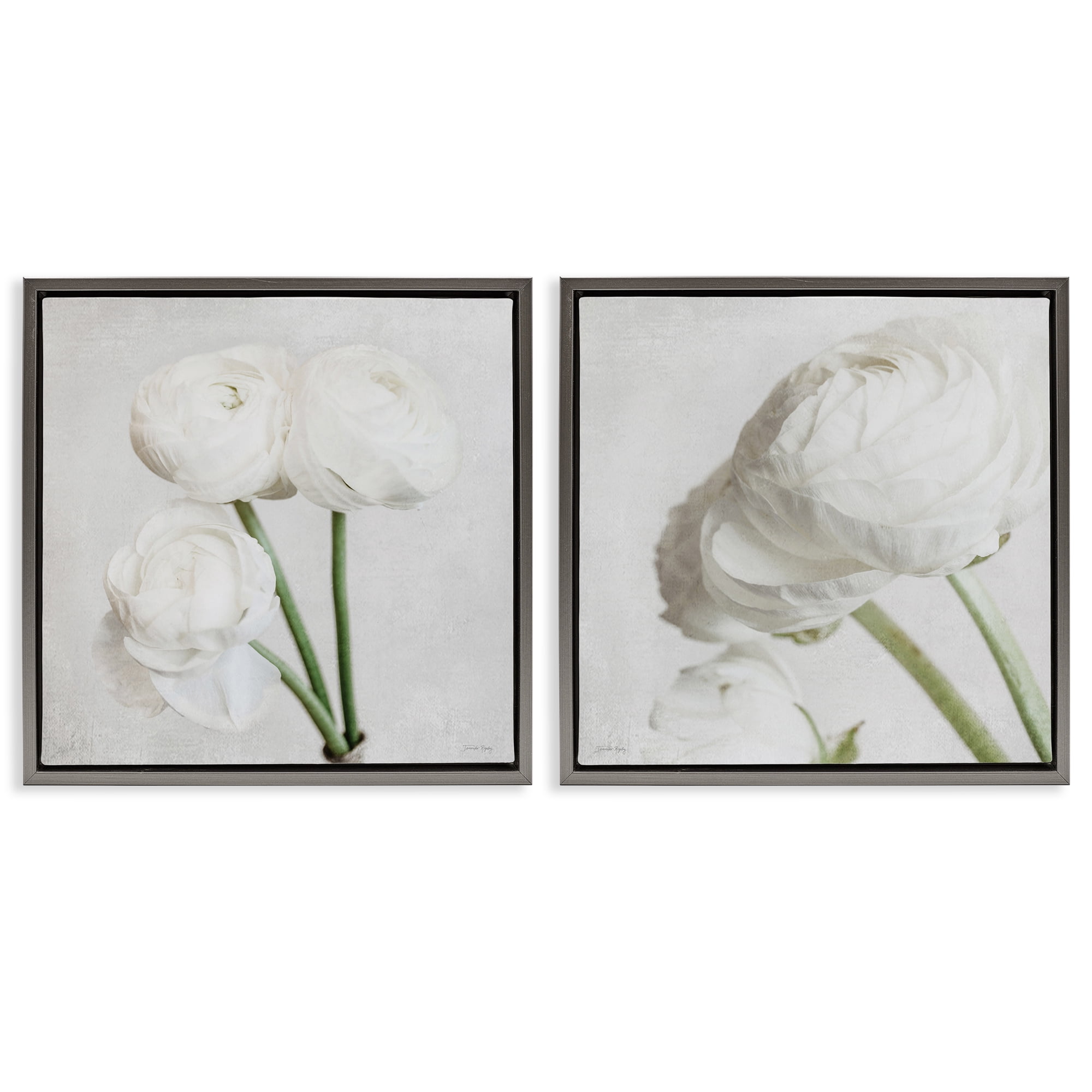 Stupell Industries Simple White Peony Stems Plants & Flowers Painting Gray Floater Framed Canvas Art Print Wall Art, 25 x 25, Set of 2