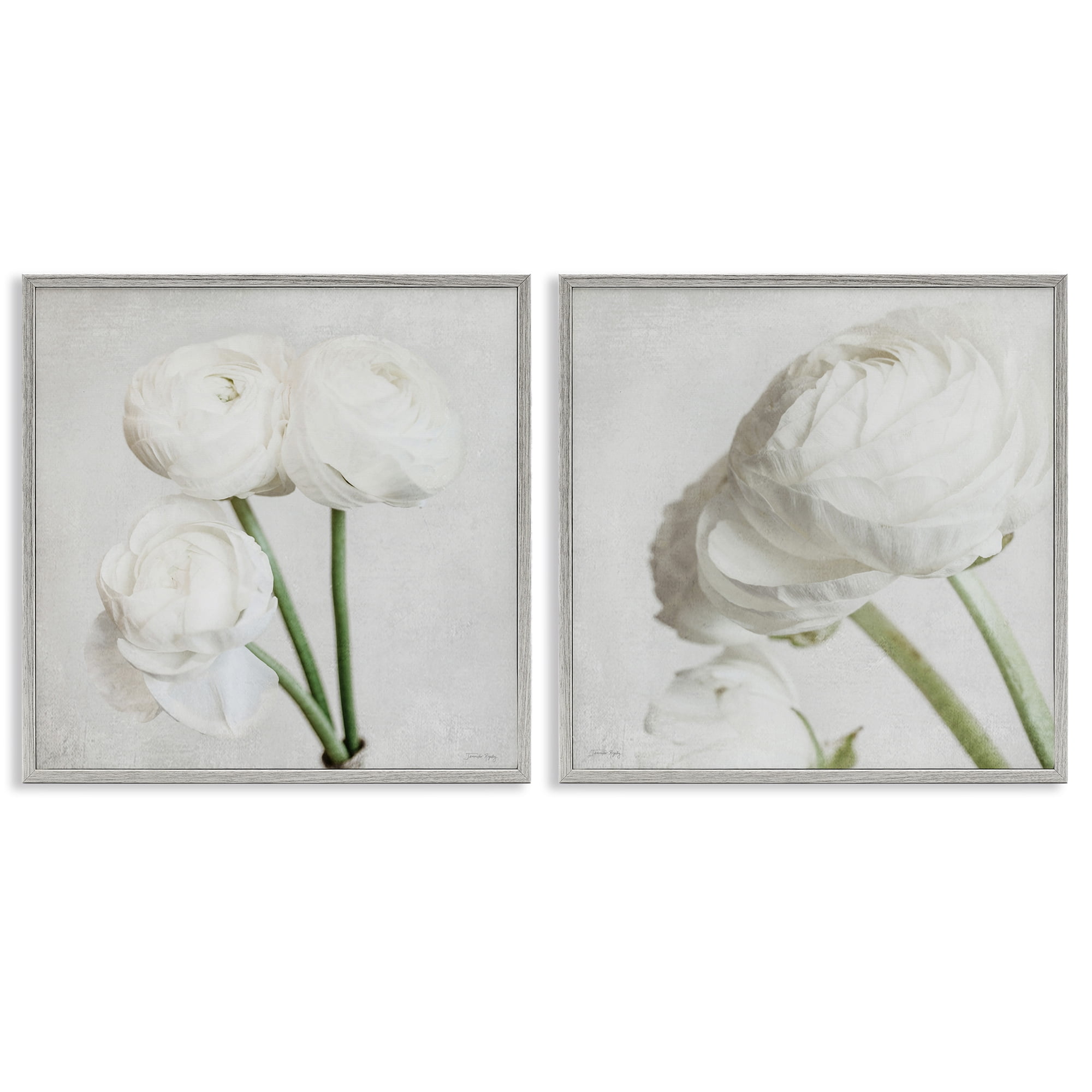 Stupell Industries Simple White Peony Stems Plants & Flowers Painting Gray Framed Art Print Wall Art, 17 x 17, Set of 2