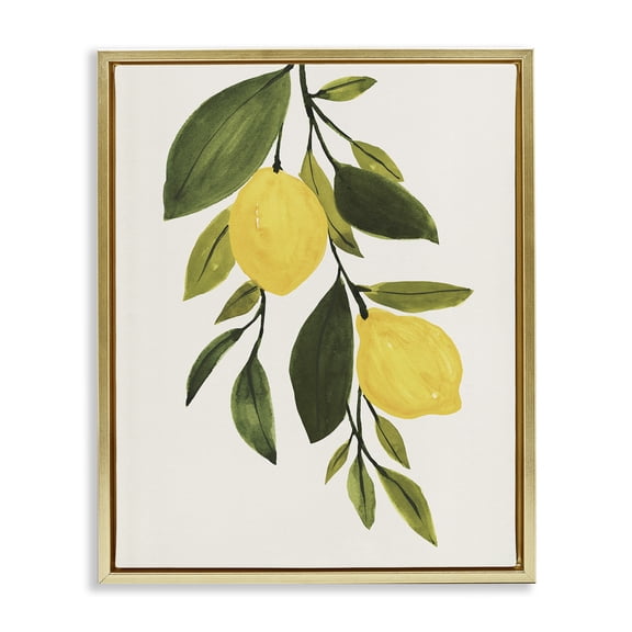 Stupell Industries Simple Yellow Country Lemon Leaf Botanical & Floral Painting Gold Floater Framed Canvas Art Print Wall Art, 25 x 31