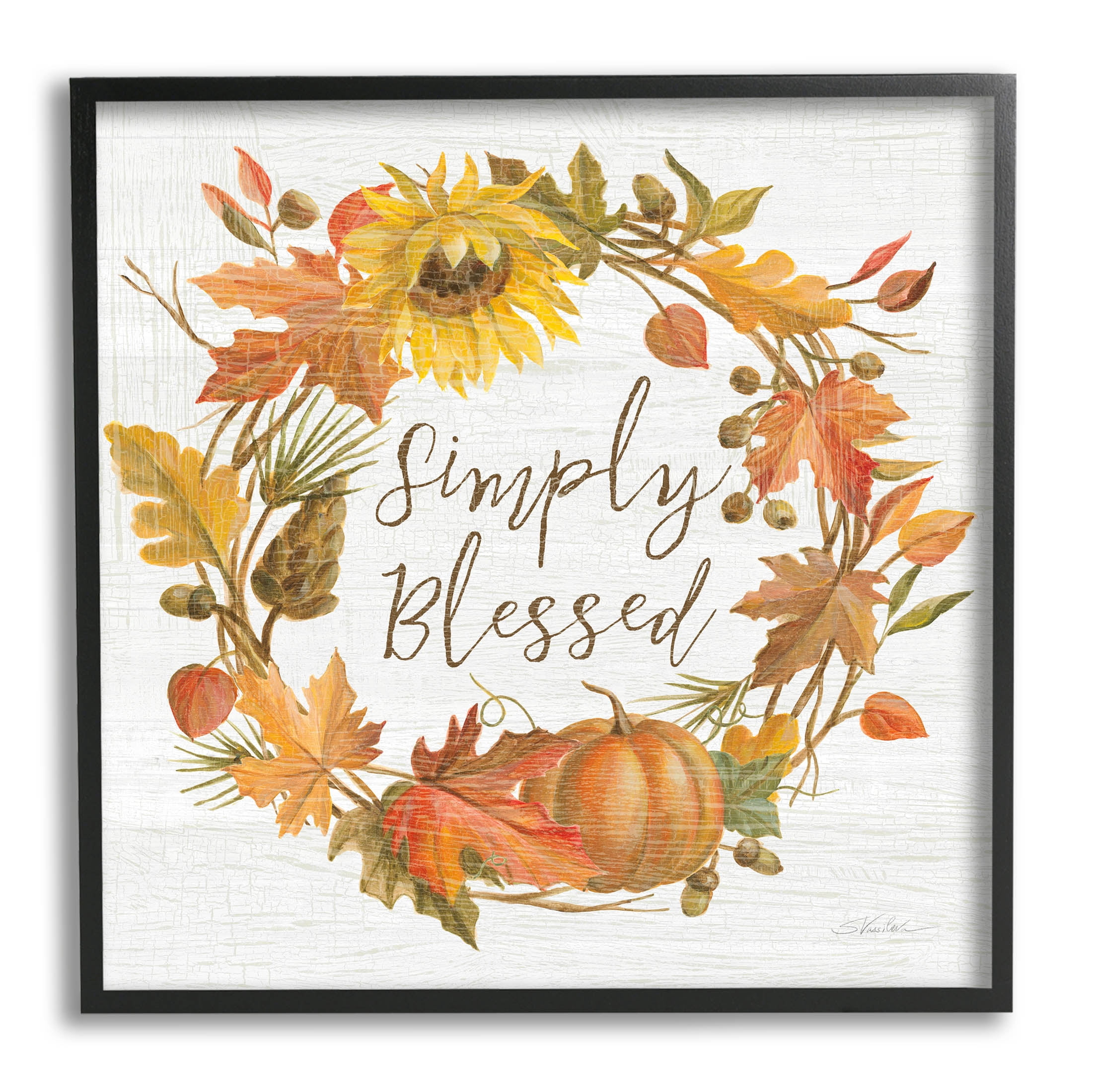 Stupell Industries Simply Blessed Autumn Wreath Graphic Art Black Framed Art Print Wall Art, Design by Silvia Vassileva