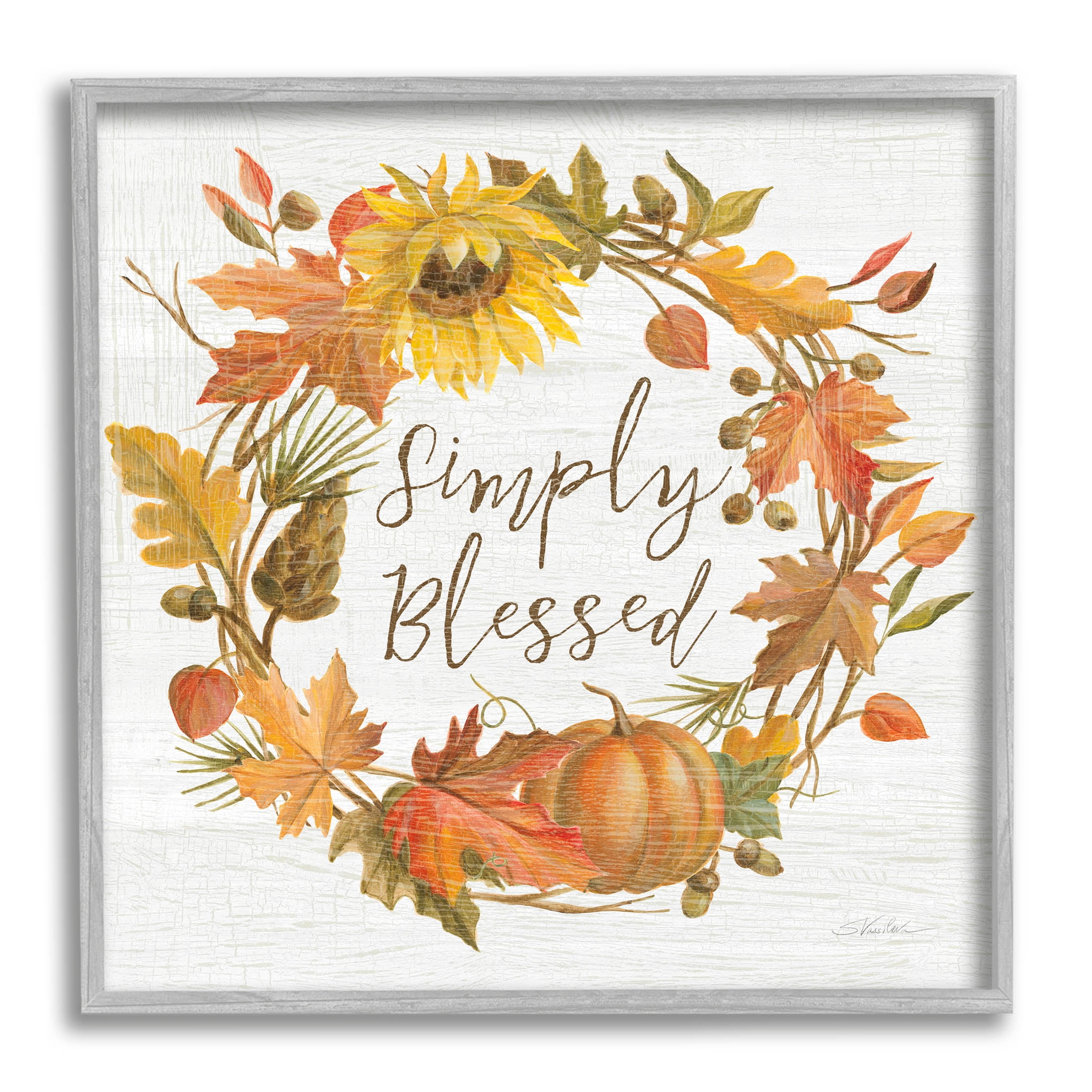 Stupell Industries Simply Blessed Autumn Wreath Graphic Art Gray Framed Art Print Wall Art, Design by Silvia Vassileva