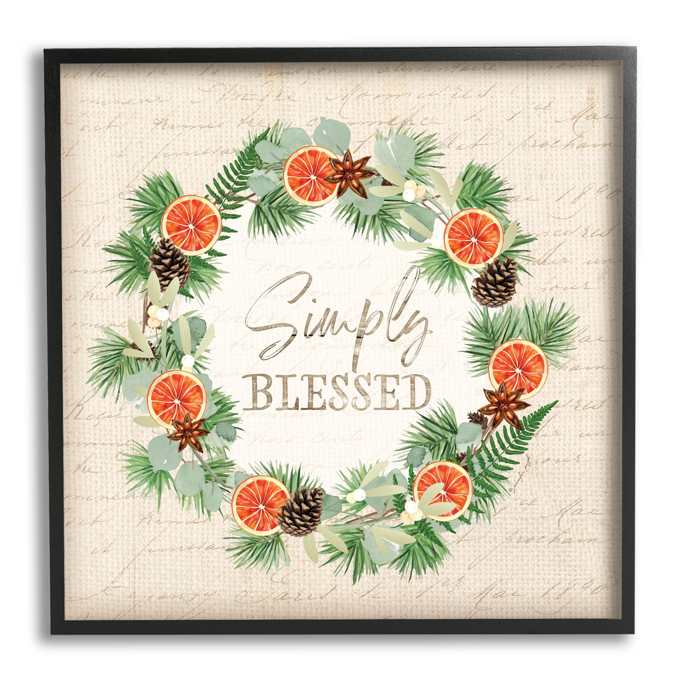 Stupell Industries Simply Blessed Botanical Wreath Graphic Art Black Framed Art Print Wall Art, Design by Jennifer Pugh