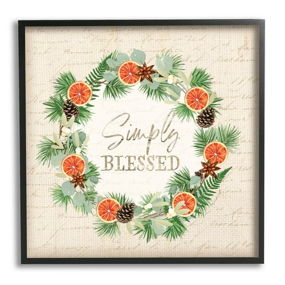 Stupell Industries Simply Blessed Botanical Wreath Graphic Art Black Framed Art Print Wall Art, Design by Jennifer Pugh