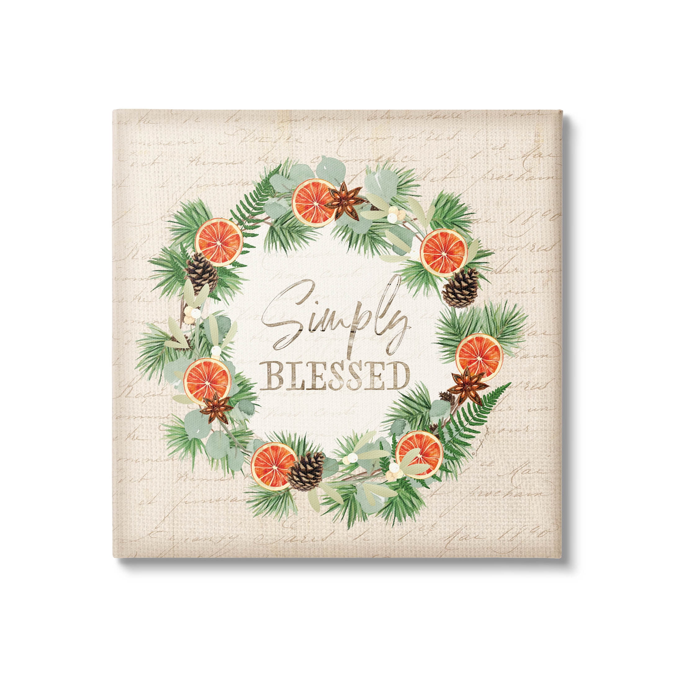 Stupell Industries Simply Blessed Botanical Wreath Graphic Art Gallery Wrapped Canvas Print Wall Art, Design by Jennifer Pugh