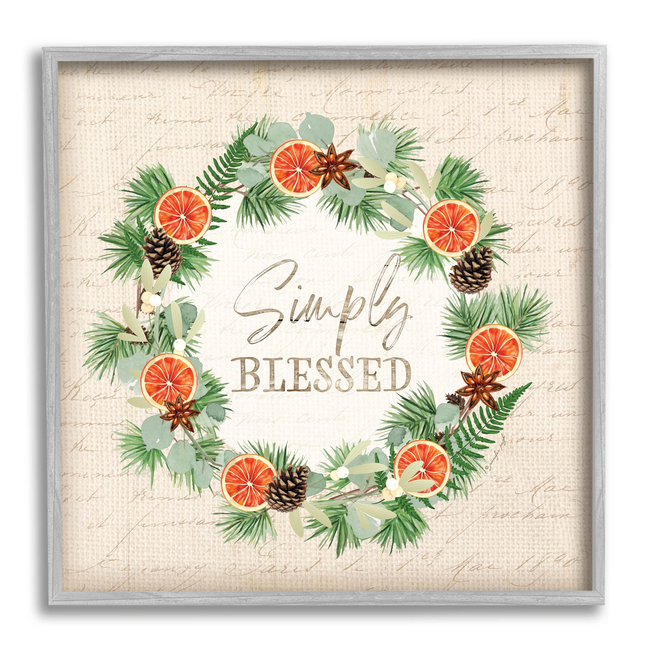 Stupell Industries Simply Blessed Botanical Wreath Graphic Art Gray Framed Art Print Wall Art, Design by Jennifer Pugh