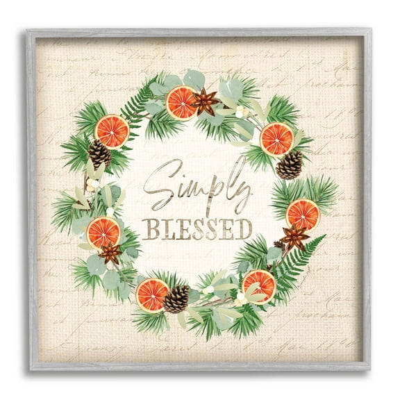 Stupell Industries Simply Blessed Botanical Wreath Graphic Art Gray Framed Art Print Wall Art, Design by Jennifer Pugh
